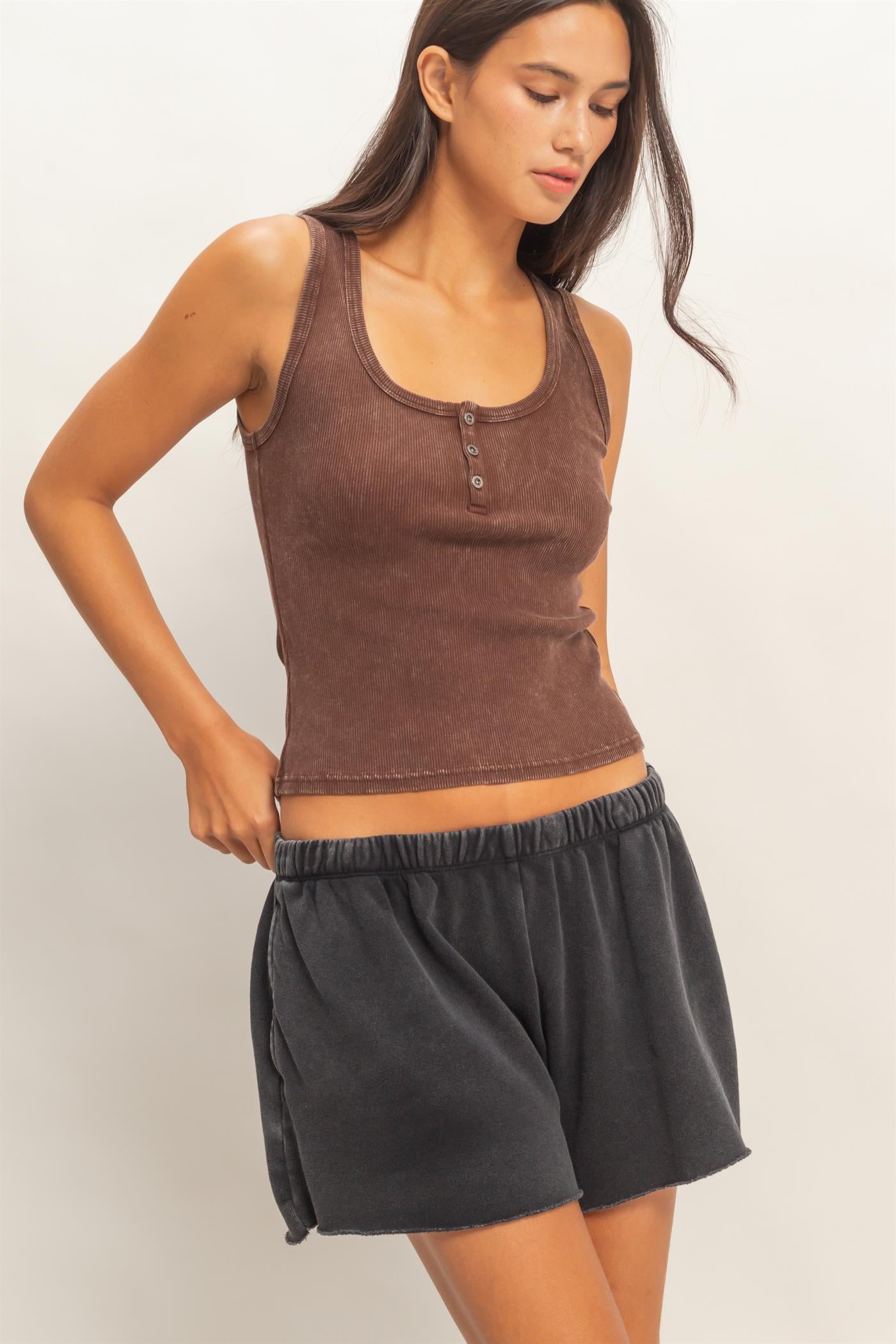Wholesale Acid Washed Henley Ribbed Tank Top Tank Tops DZ26C661 CHOCOLATE DOUBLE ZERO
