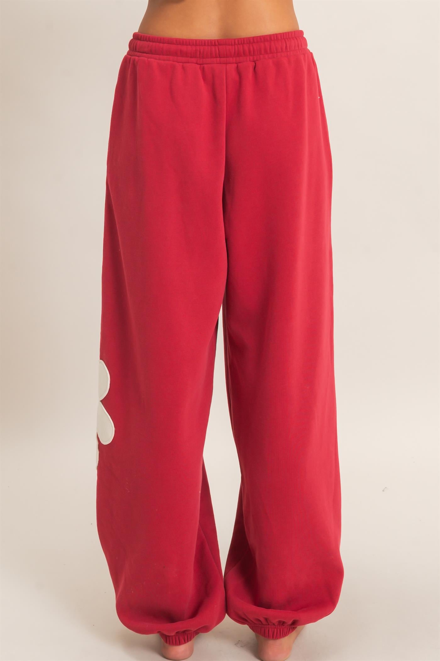 Wholesale Floral Applique Drawstring Jogger Pants Joggers DZ26F308 DARK RED DOUBLE ZERO