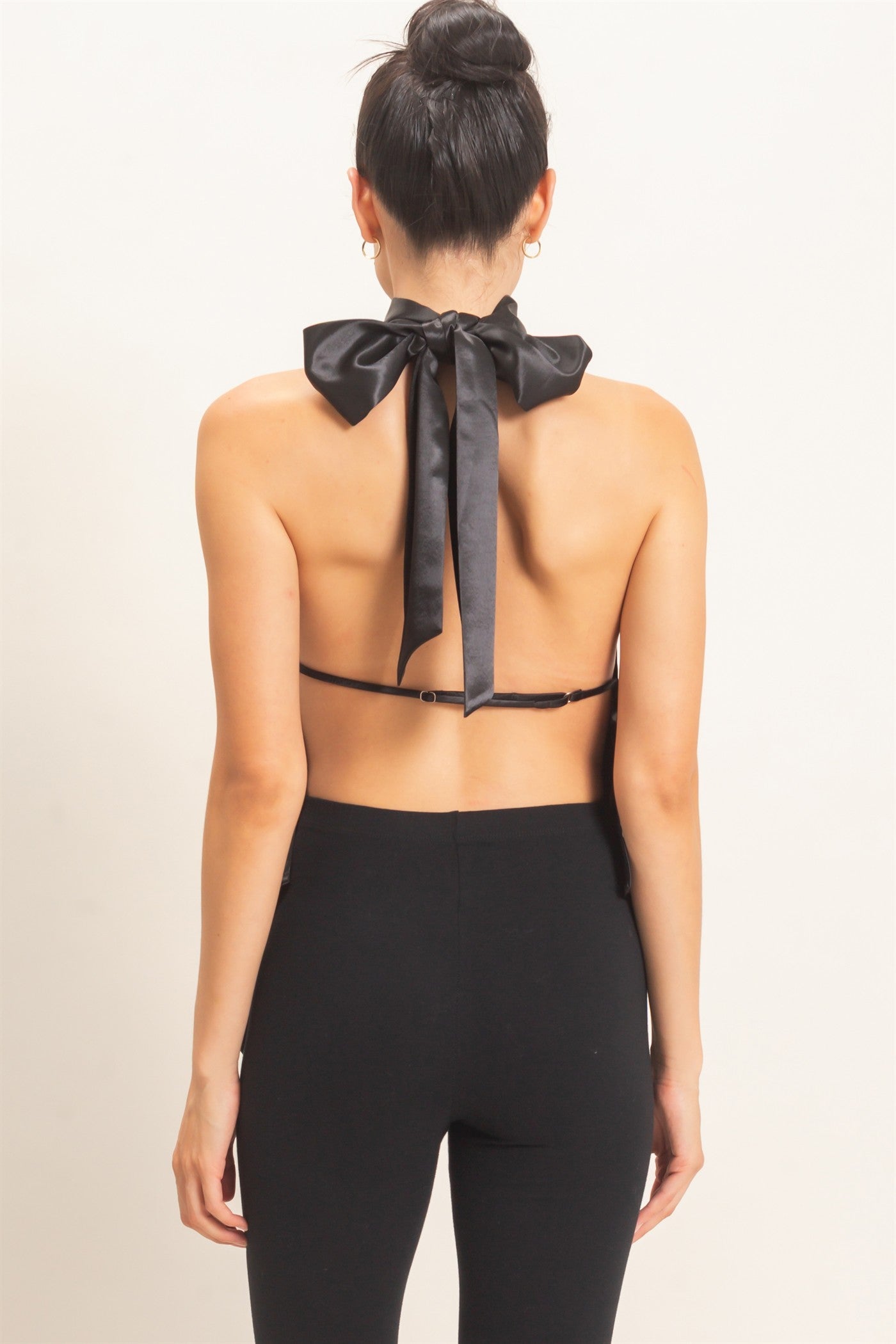 Wholesale Asymmetrical Satin Halter Top Blouses HF26F114 BLACK HYFVE