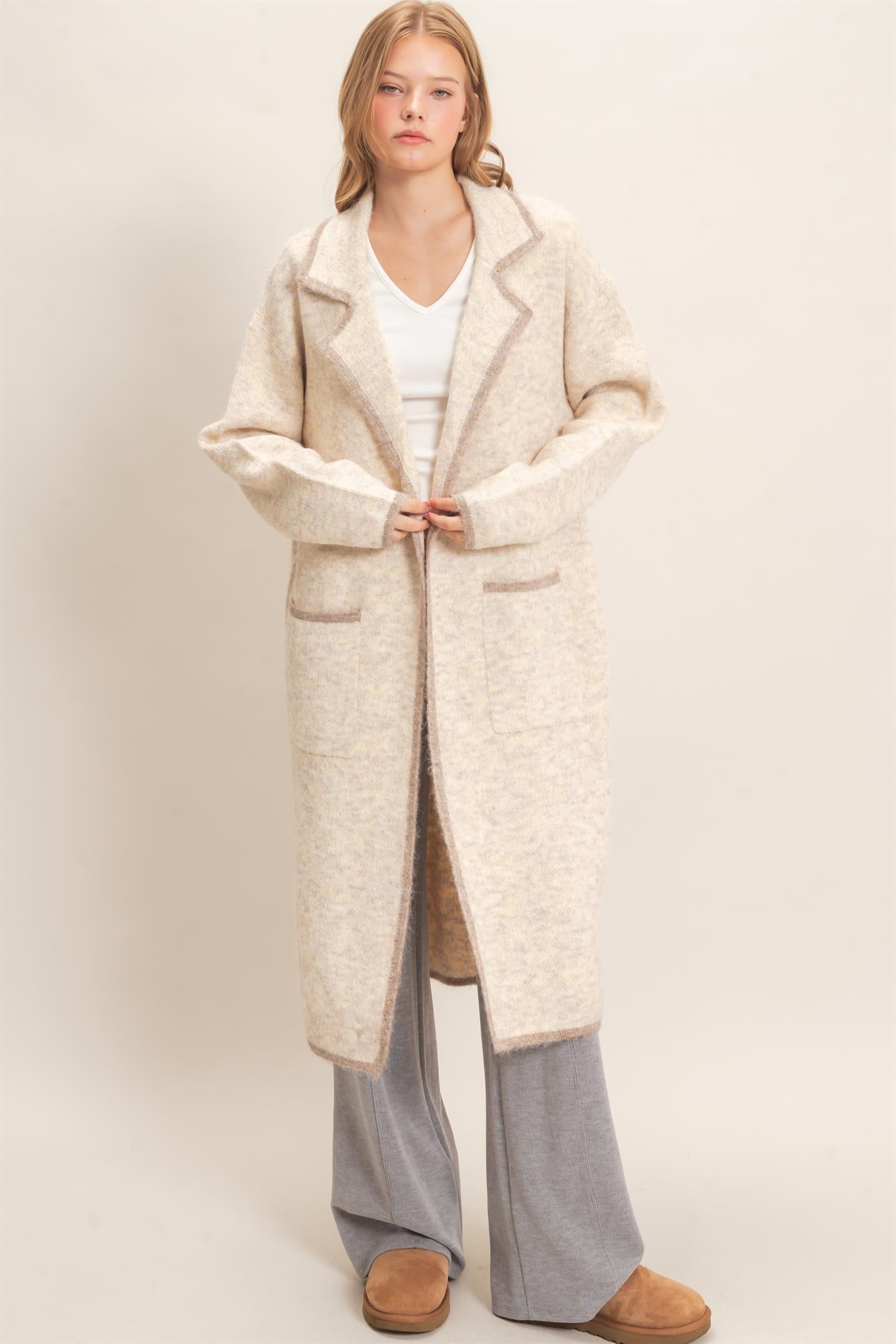 Wholesale Notched Collar Coatigan Sweater Cardigans HF26E695 OATMEAL HYFVE