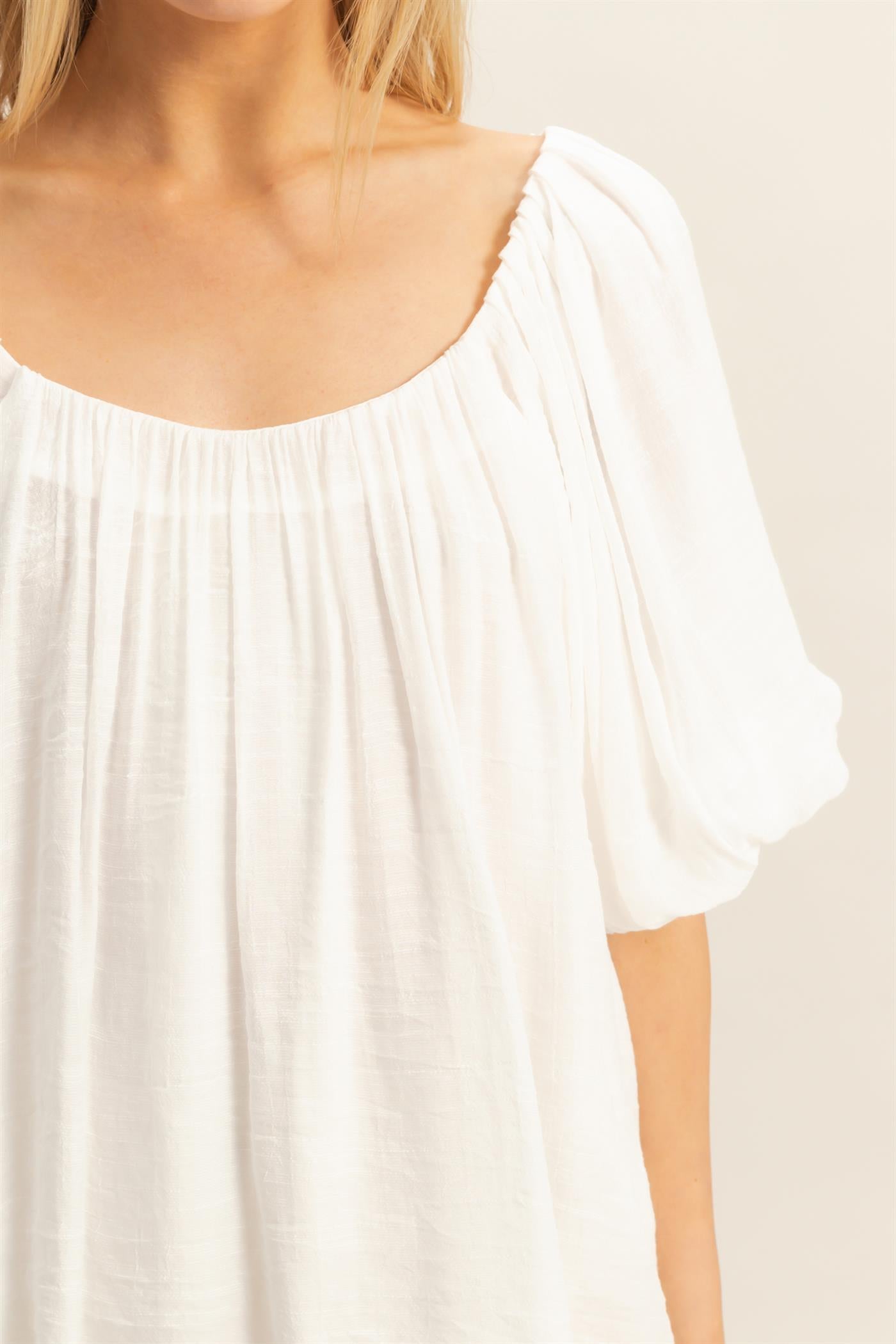 Wholesale Gathered Puff Sleeve Blouse Blouses HF26C307 WHITE HYFVE