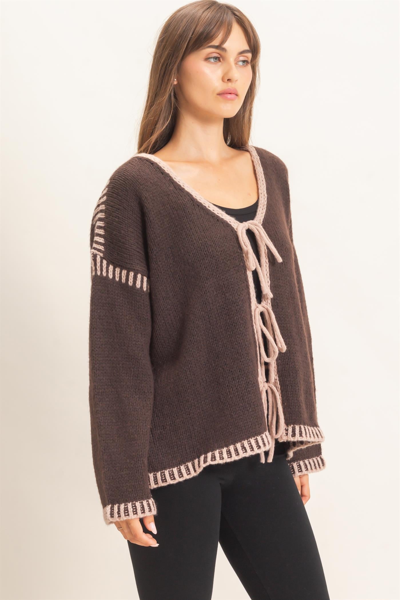 Wholesale Open Front Tie Cardigan Cardigans HF26F154 BROWN HYFVE