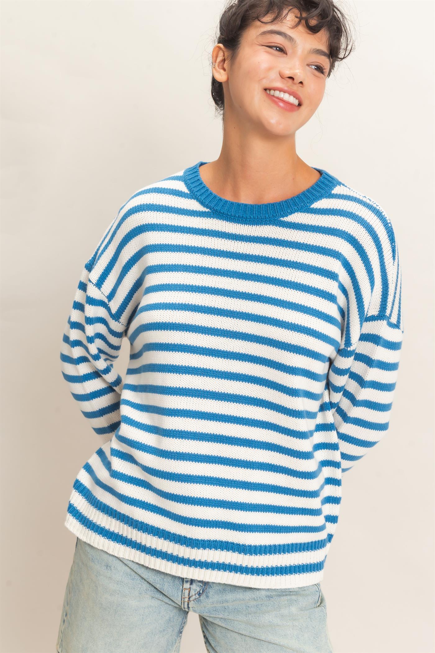 Wholesale Striped Crew Neck Sweater Sweaters DZ26E237 BLUE DOUBLE ZERO