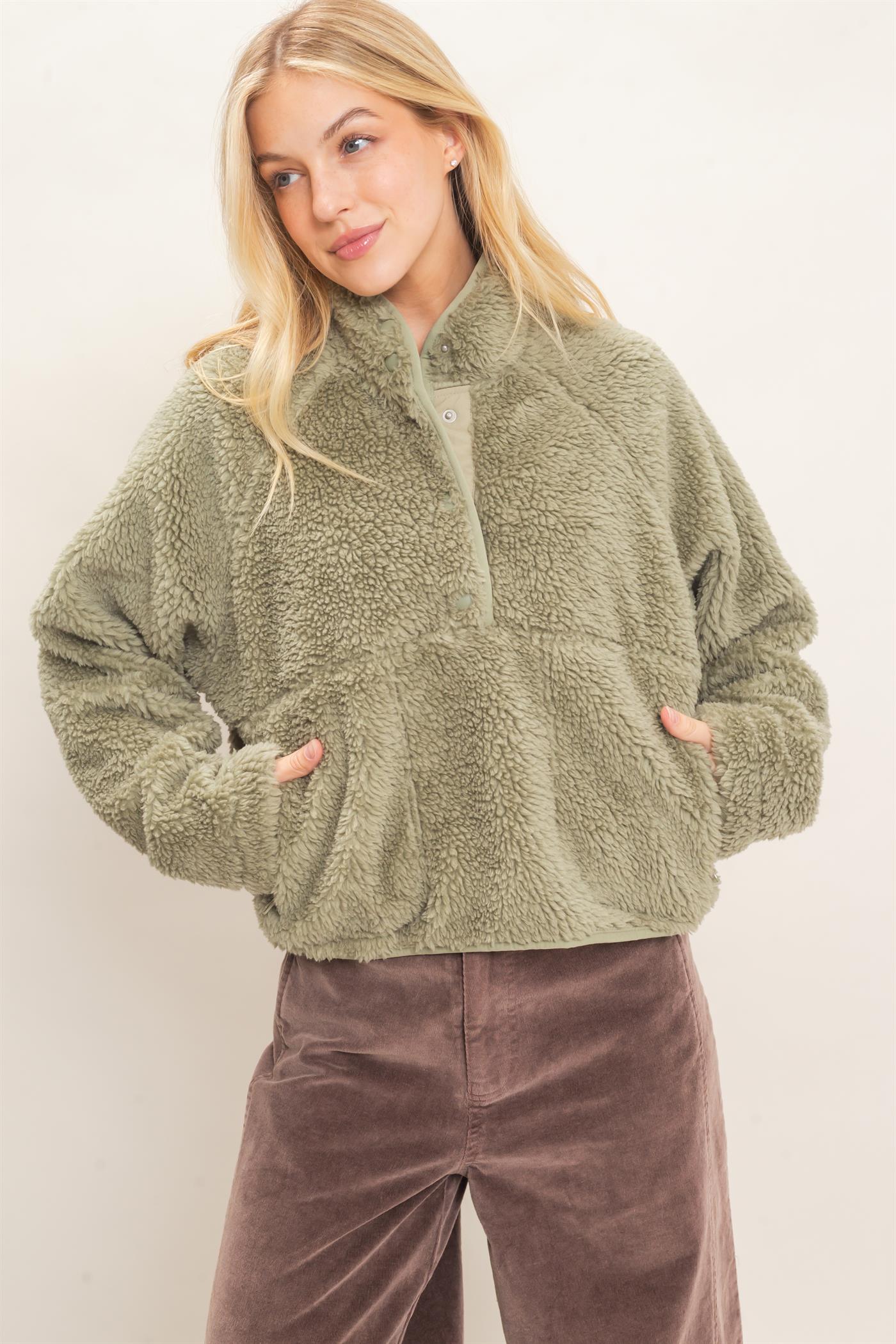 Wholesale Half-Zip Sherpa Jacket Sweatshirts HF26F130-D OLIVE HYFVE