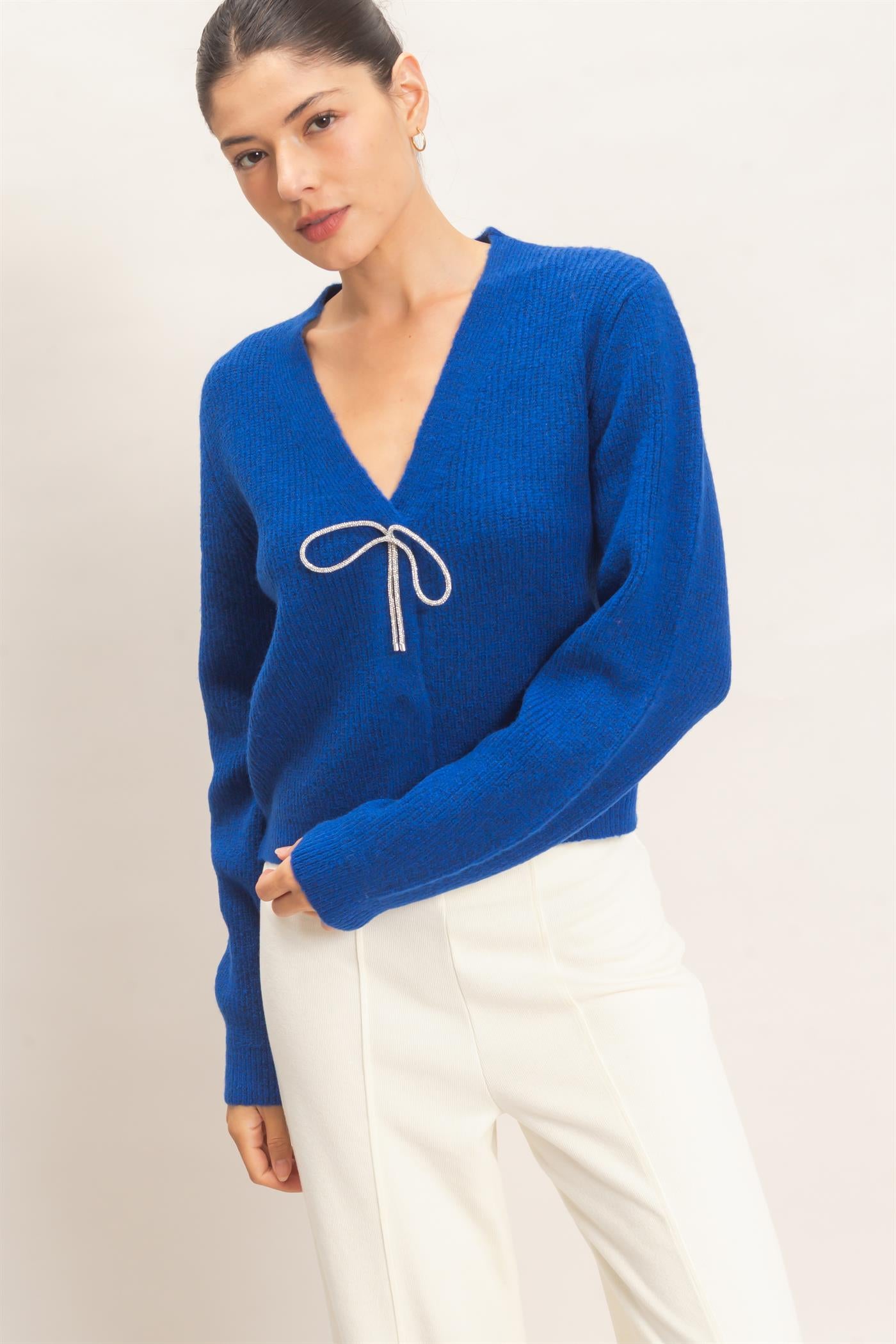 Wholesale Rhinestone Bow Tie-Front Sweater Cardigans HF26F183-D ROYAL BLUE HYFVE