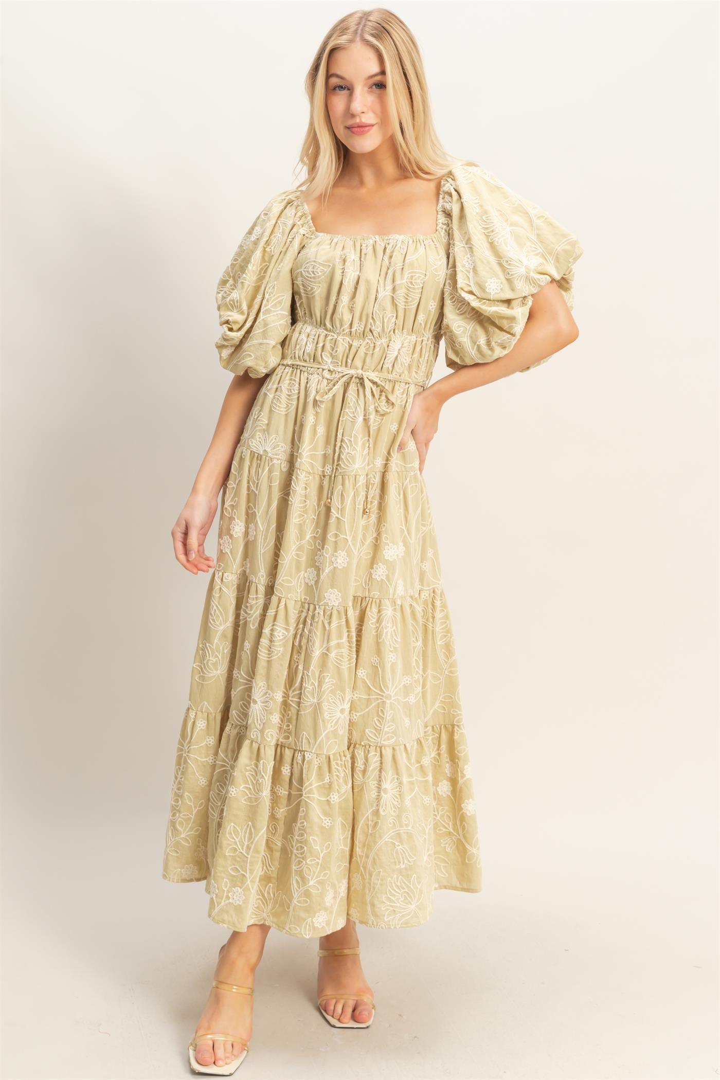 Wholesale Floral Puff Sleeve Midi Dress Dresses HF26C777-D LIGHT SAGE HYFVE