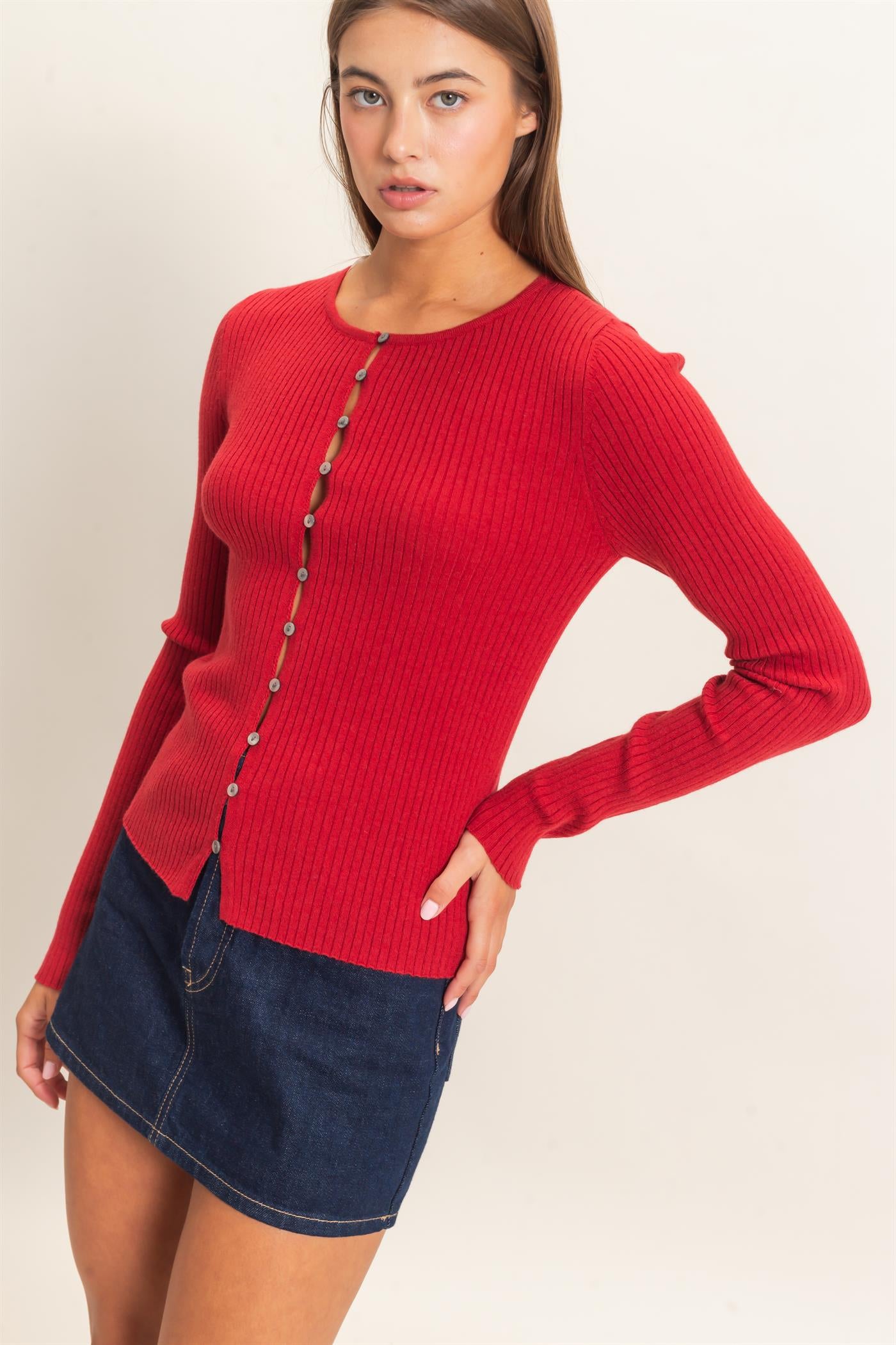 Wholesale Ribbed Button Front Cardigan Cardigans DZ26E322 DARK RED DOUBLE ZERO
