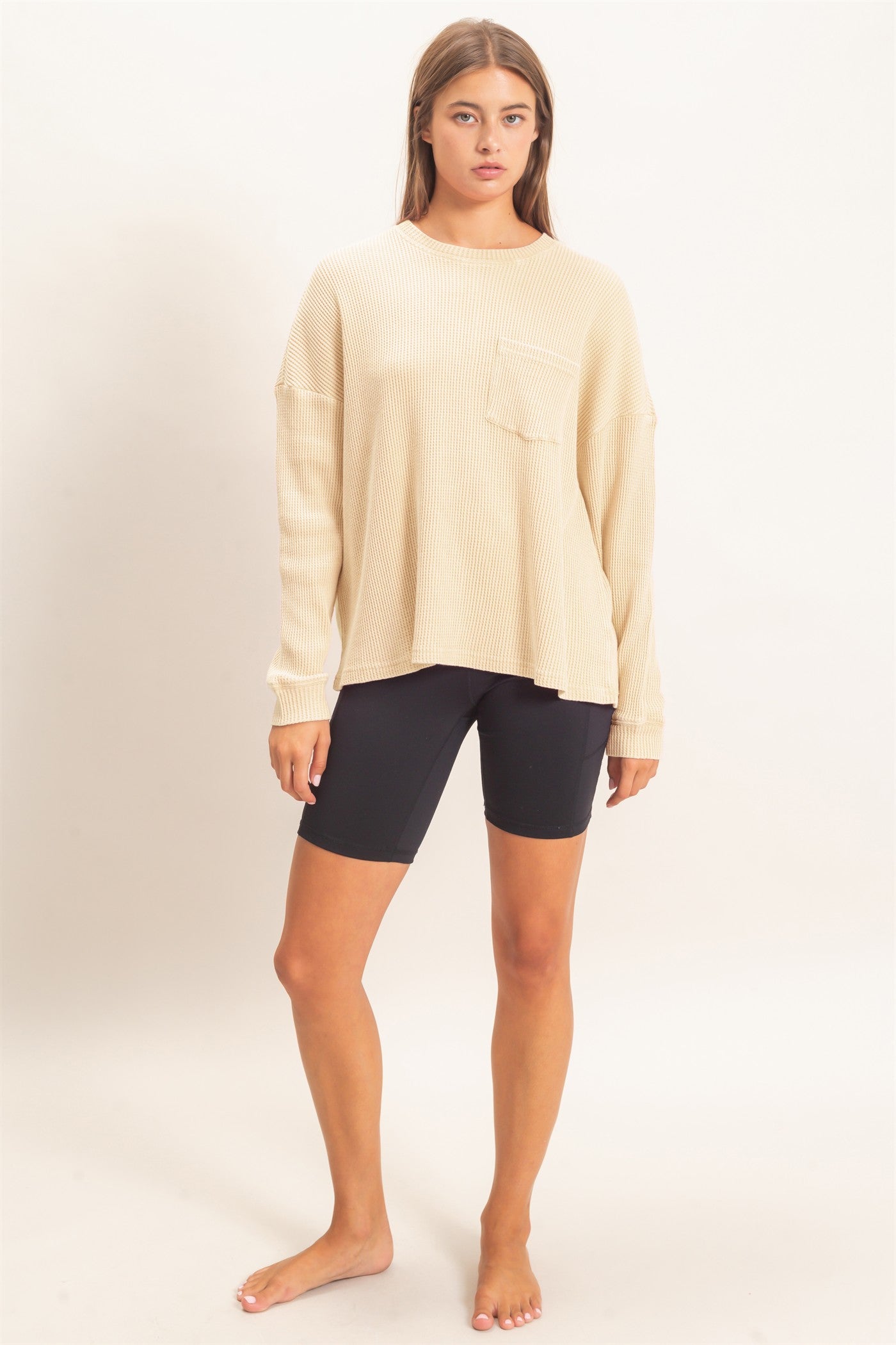 Wholesale Mineral Wash Waffle Long Sleeve Top Clothing Tops DZ26F242 ALPACA DOUBLE ZERO