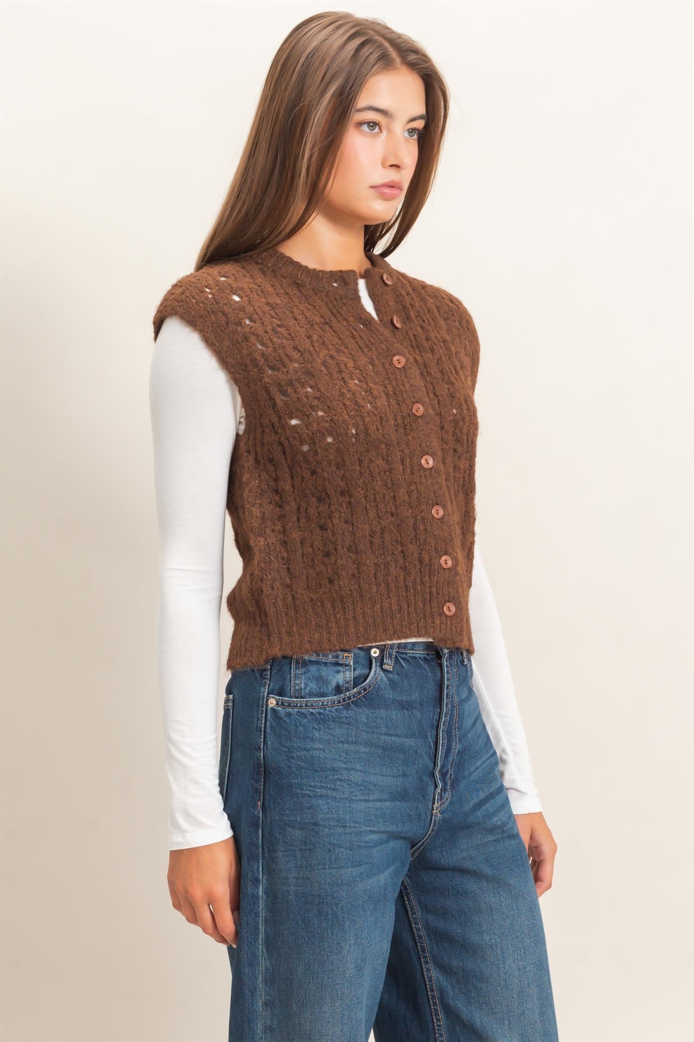 Wholesale Open Knit Sleeveless Button Front Sweater Vest Sweaters DZ26A829 BROWN DOUBLE ZERO