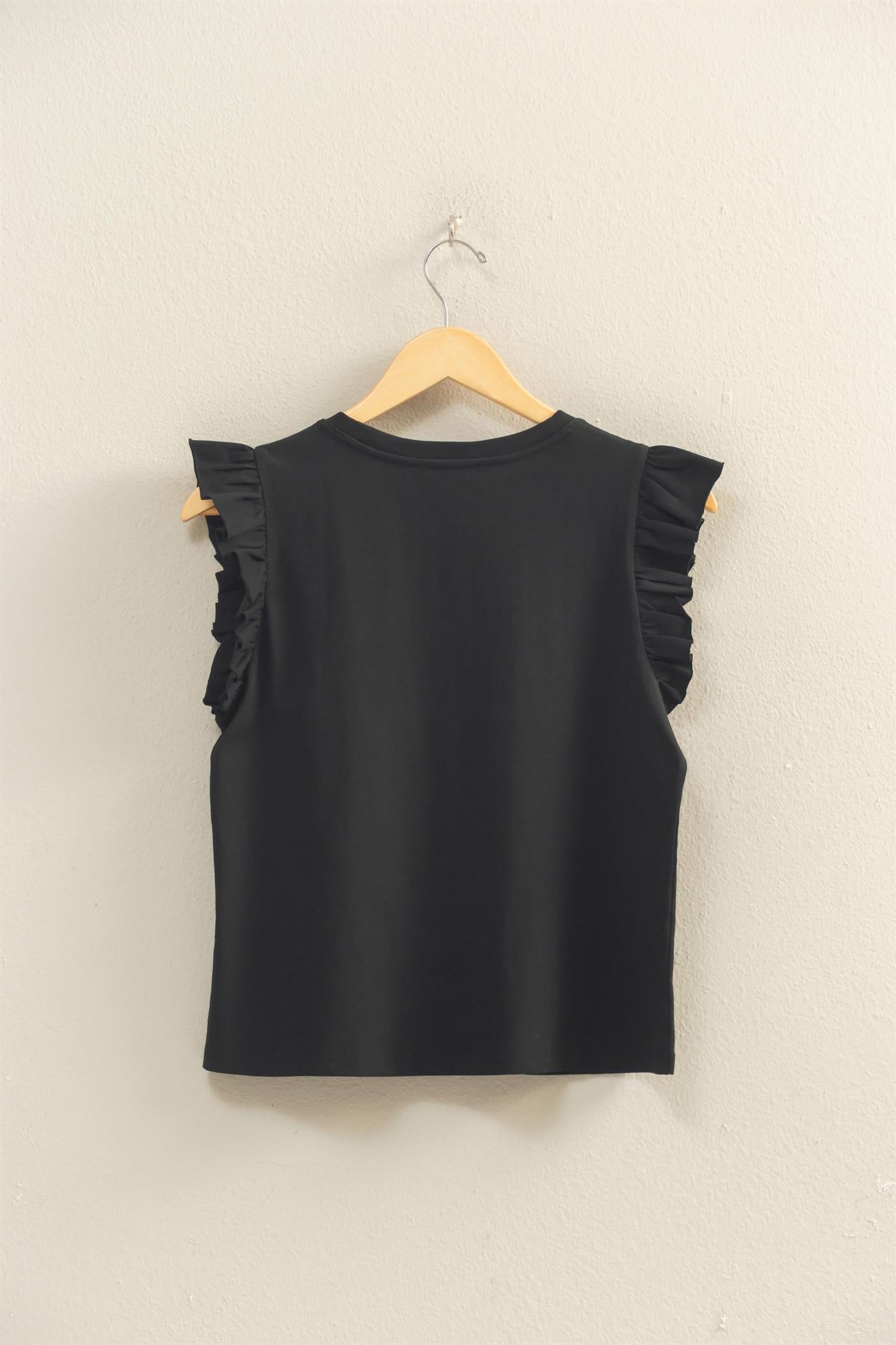 Wholesale Ruffle Cap Sleeve Crew Neck Top Clothing Tops DZ26C070 BLACK DOUBLE ZERO