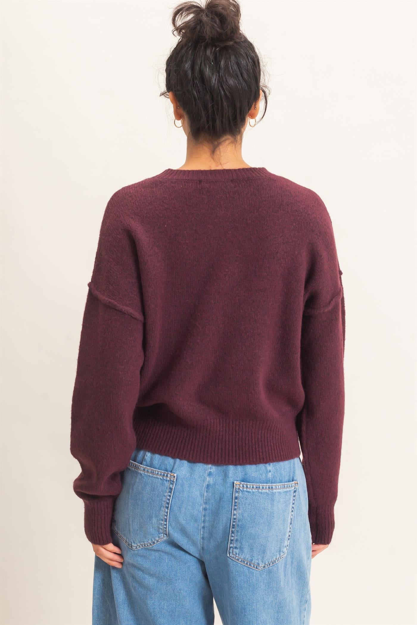 Wholesale Crew Neck Seam Detail Sweater Sweaters DZ26E240 DARK CHERRY DOUBLE ZERO