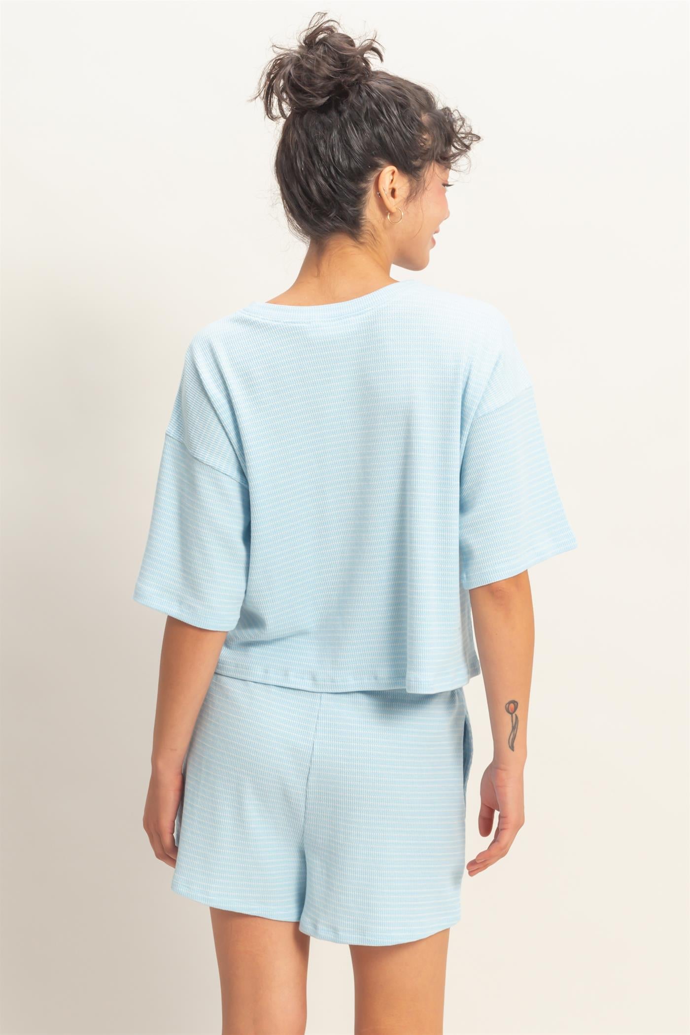 Wholesale Striped Round Neck Top & Shorts Set Clothing DZ26A045-SET BABY BLUE DOUBLE ZERO