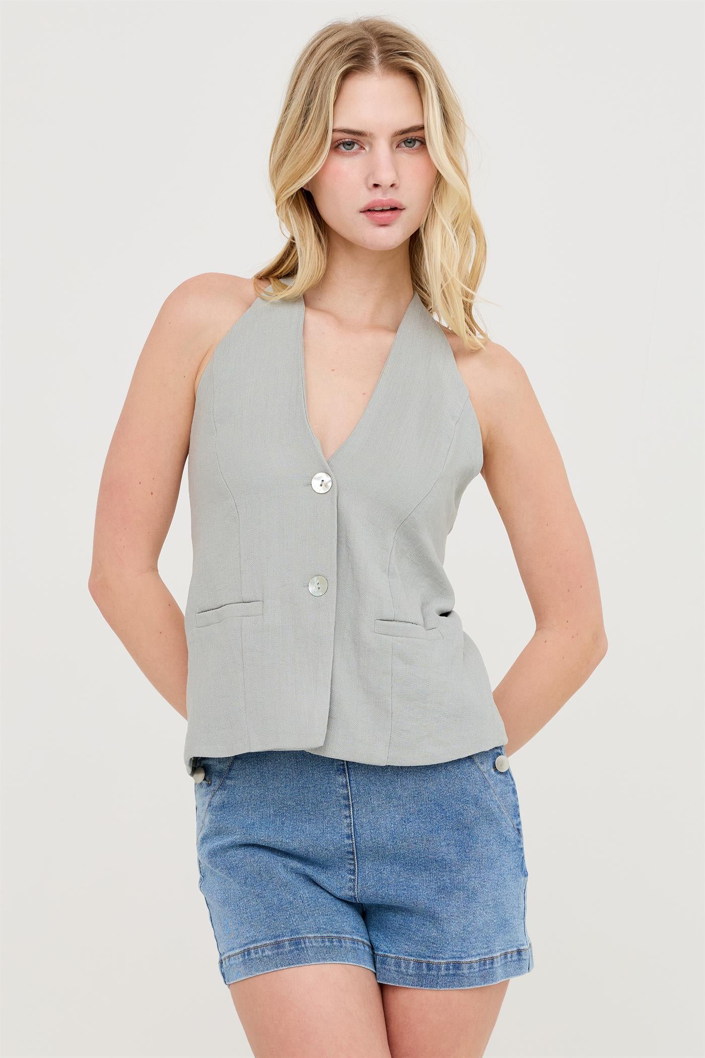 Wholesale Button Front Halter Top Clothing Tops HF26C130 DUSTY SAGE HYFVE