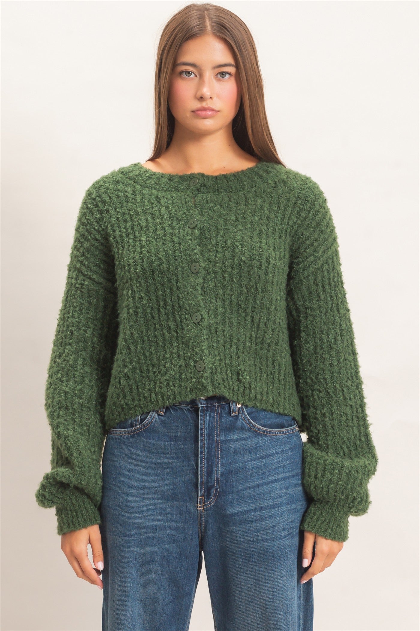 Wholesale Boucle Knit Button Front Cardigan Cardigans DZ26E270 DARK GREEN DOUBLE ZERO
