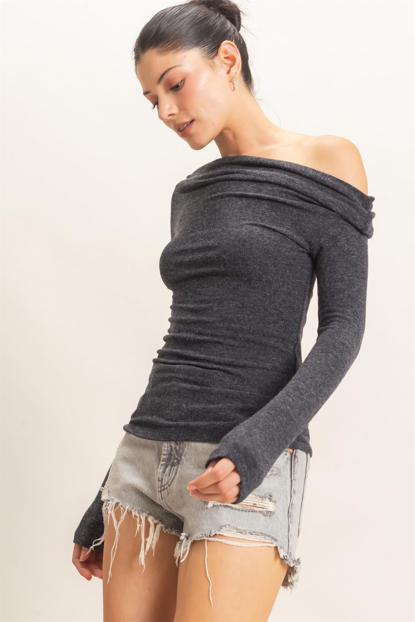 Wholesale Asymmetrical Off-Shoulder Top Clothing Tops HF26E377 CHARCOAL HYFVE