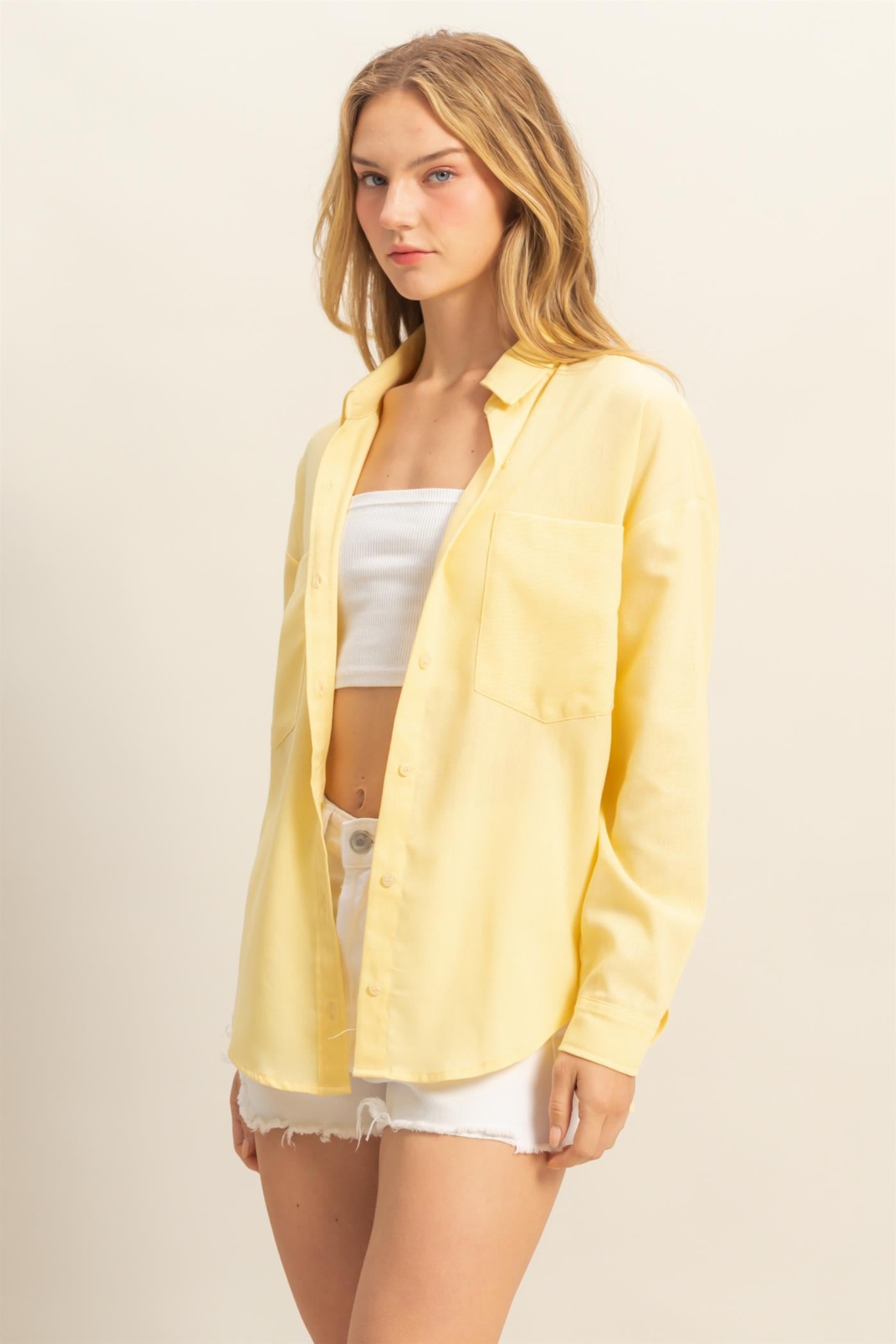 Wholesale Sand Washed Relaxed Long Sleeve Shirt Clothing Tops DZ24C609 CREAMY YELLOW DOUBLE ZERO