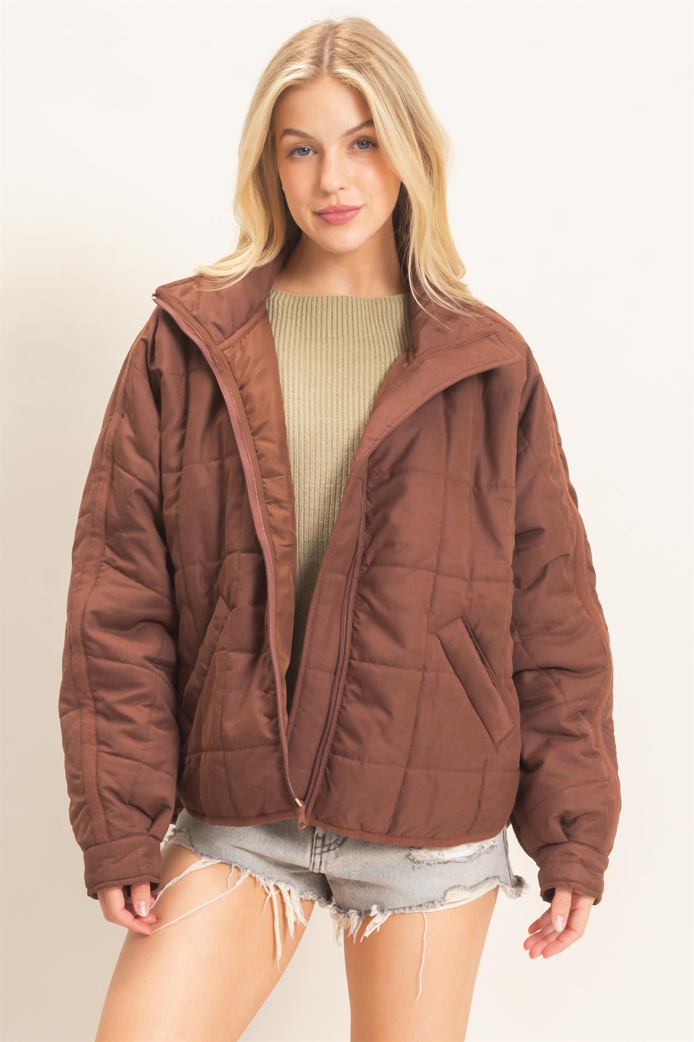 Wholesale Quilted High Collar Jacket Coats & Jackets HF26F167-D BROWN HYFVE