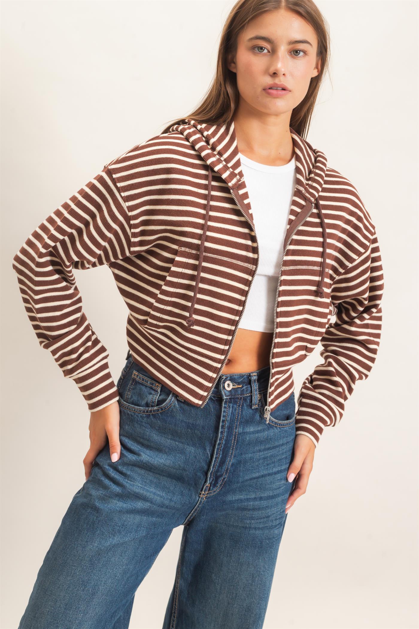 Wholesale Striped Zip-Up Hoodie Hoodies DZ26E433 DARK BROWN DOUBLE ZERO