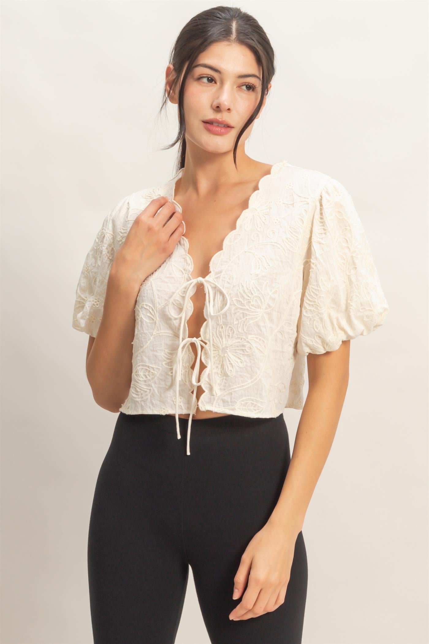 Wholesale Floral Embroidered Tie-Front Top Blouses HF26C556-D CREAM HYFVE