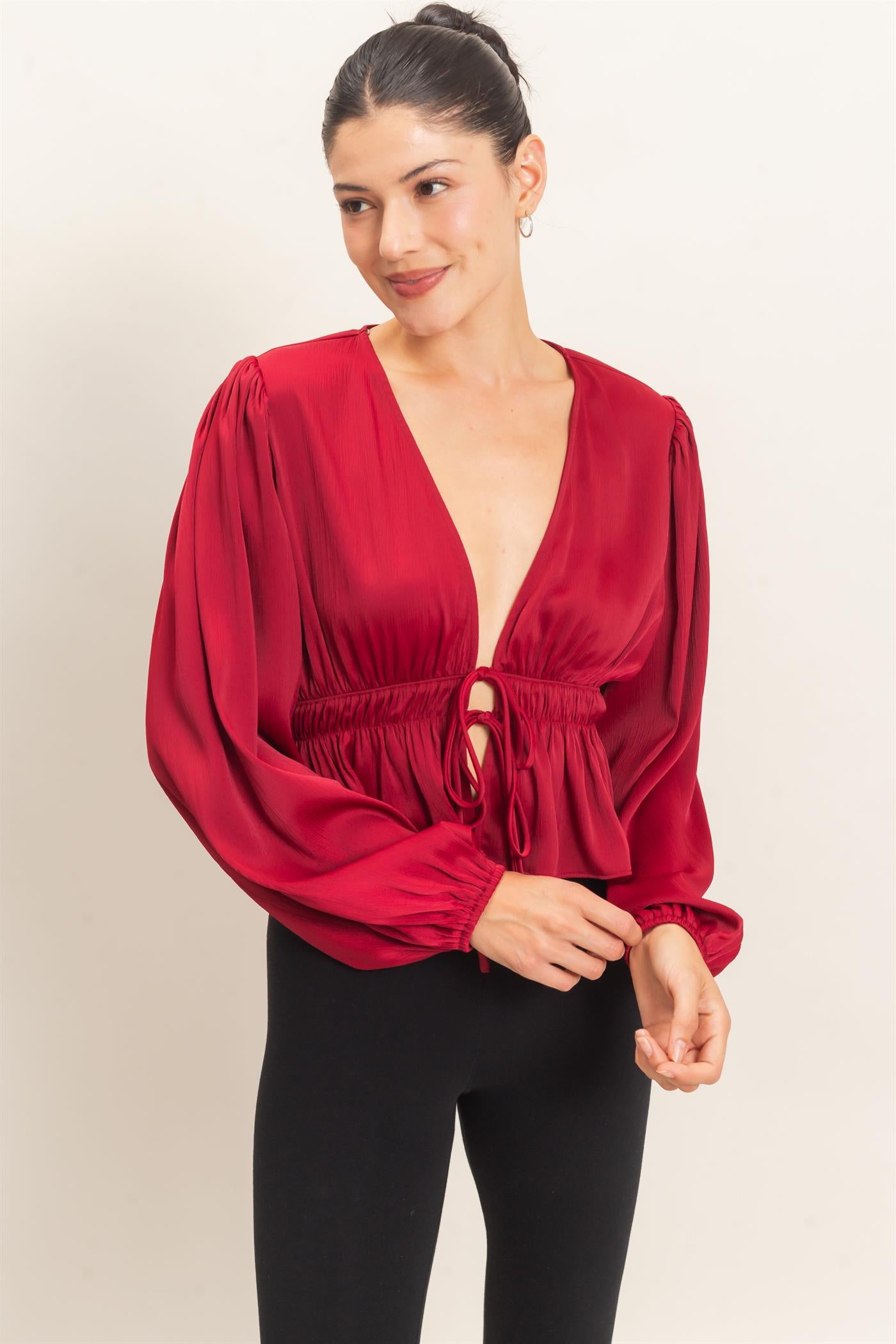 Wholesale Plunging Tie-Front Blouse Blouses HF26F082 BURGUNDY HYFVE