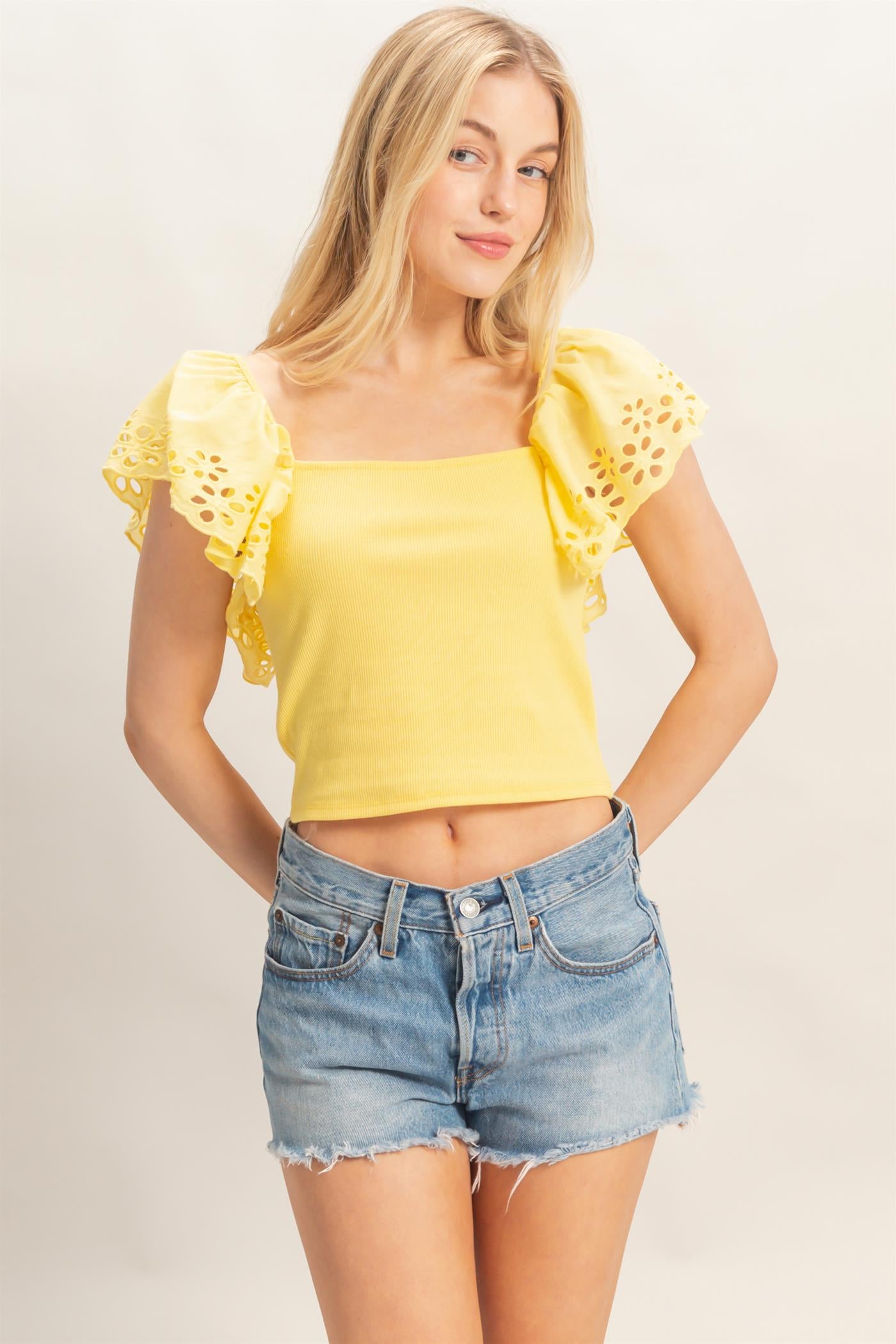 Wholesale Square Neck Eyelet Sleeve Top Clothing Tops HF26A623 YELLOW HYFVE