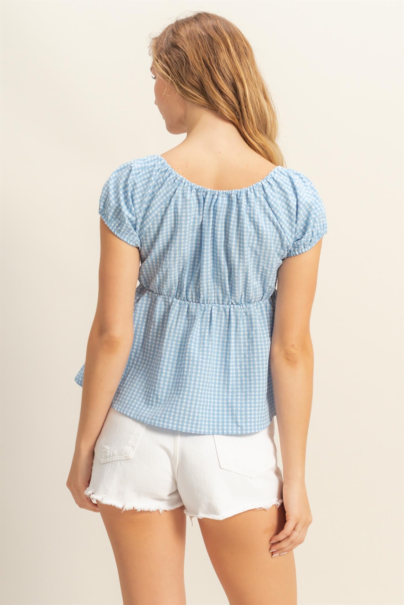 Wholesale Gingham Scoop Neck Cap Sleeve Blouse Blouses DZ25C042 BLUE DOUBLE ZERO