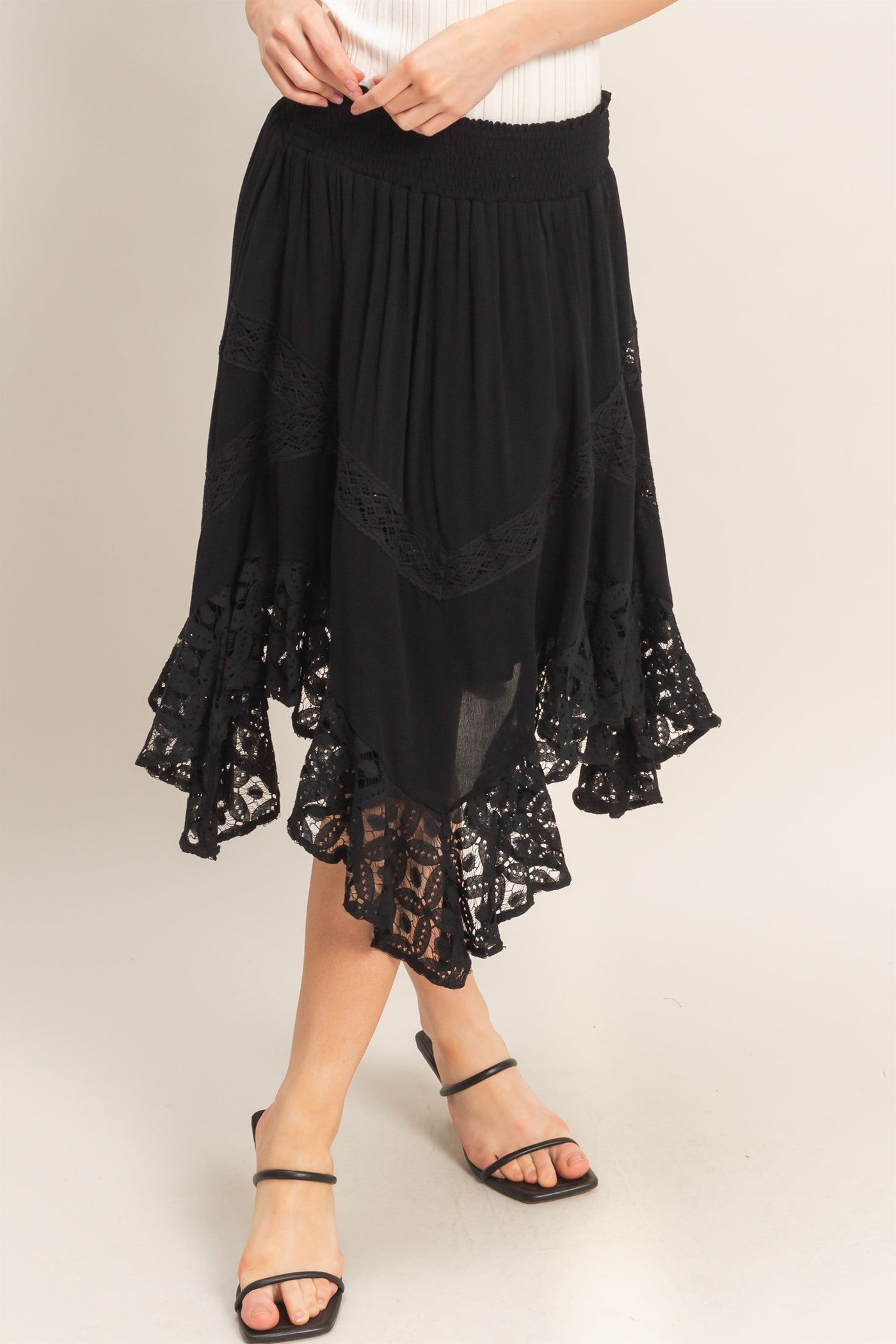 Wholesale Smocked Waist Lace Hem Skirt Skirts HF26A384 BLACK HYFVE