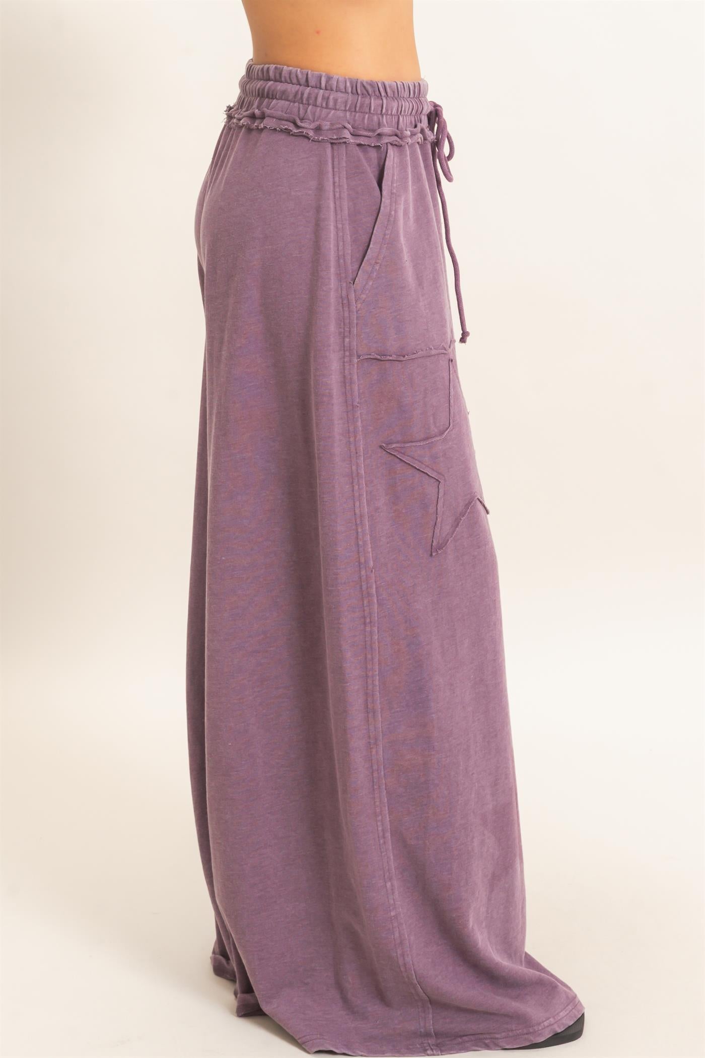 Wholesale Mineral Wash Star Patch And Print Wide Leg Pants Pants DZ26F060 DARK CHERRY DOUBLE ZERO