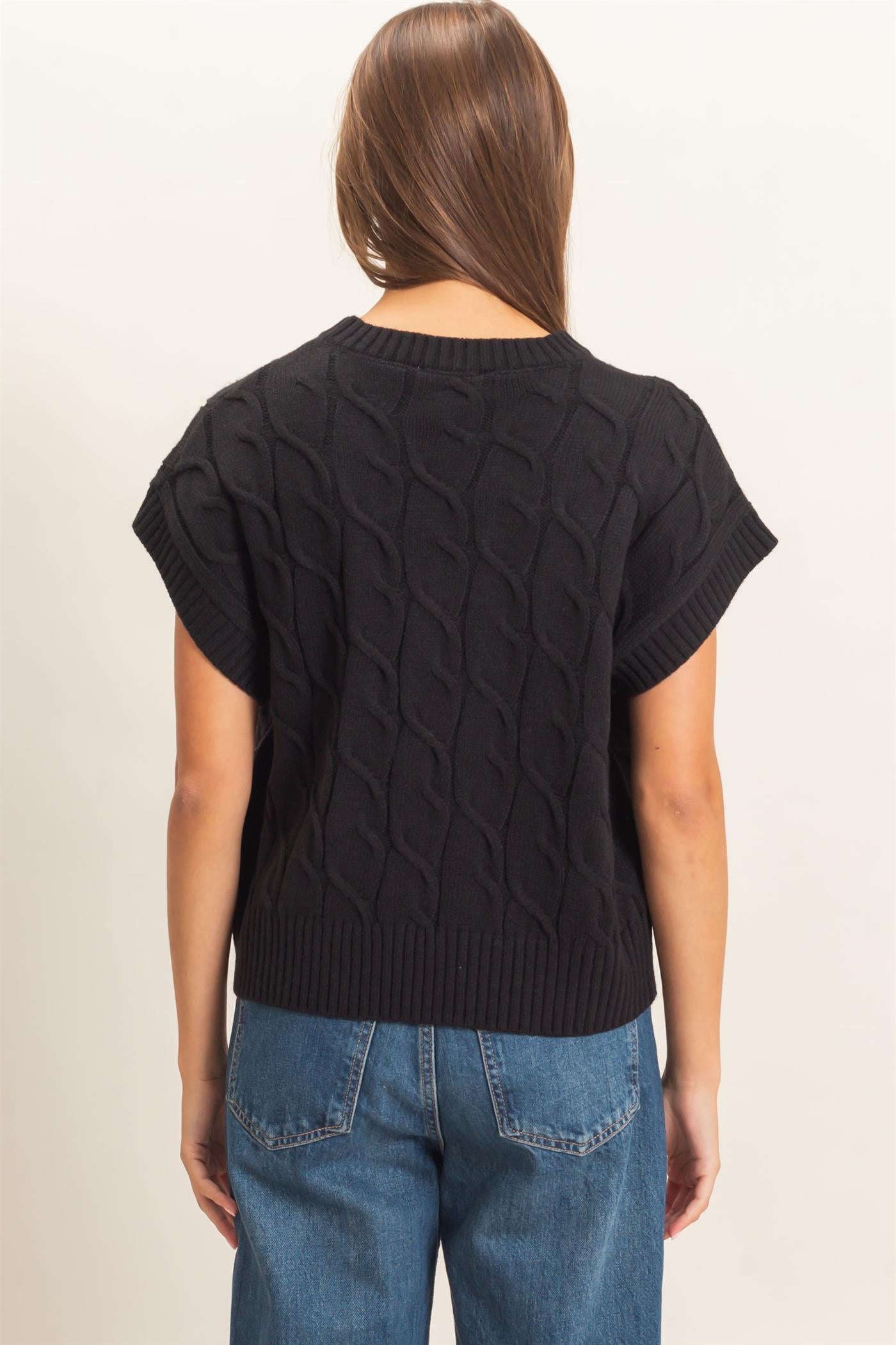 Wholesale Cable Knit Cap Sleeve Sweater Sweaters DZ26C974 BLACK DOUBLE ZERO