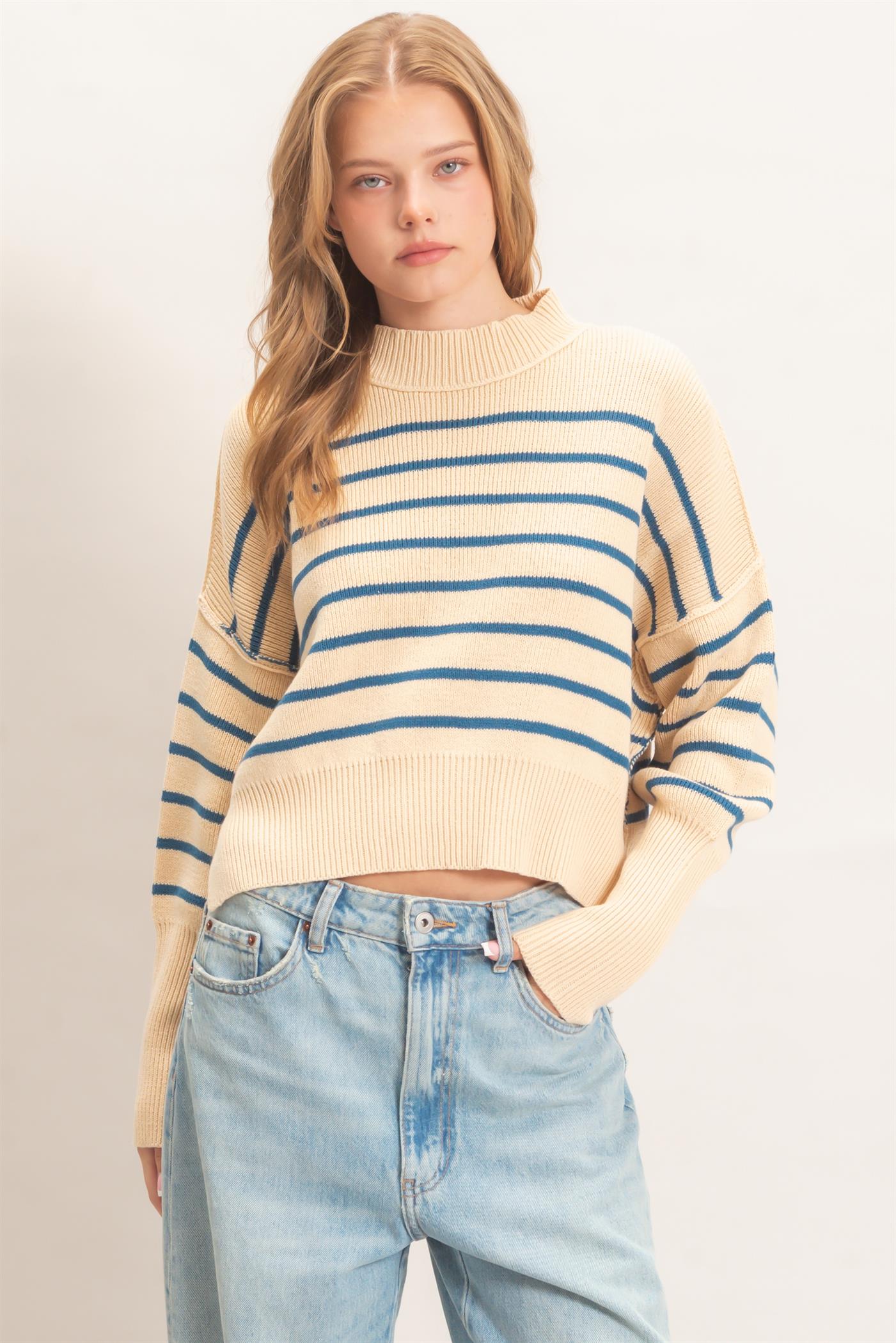 Wholesale Striped Mock Neck Cropped Sweater Sweaters HF26F192 BLUE HYFVE