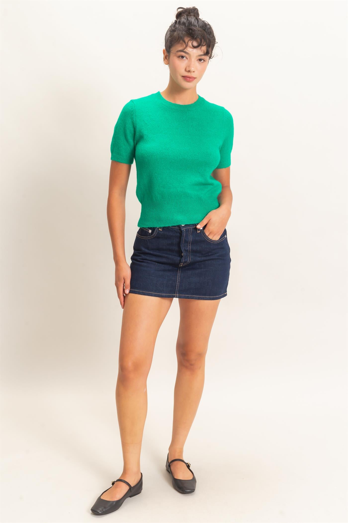 Wholesale Crew Neck Short Sleeve Knit Top Clothing Tops DZ26E944 EMERALD DOUBLE ZERO