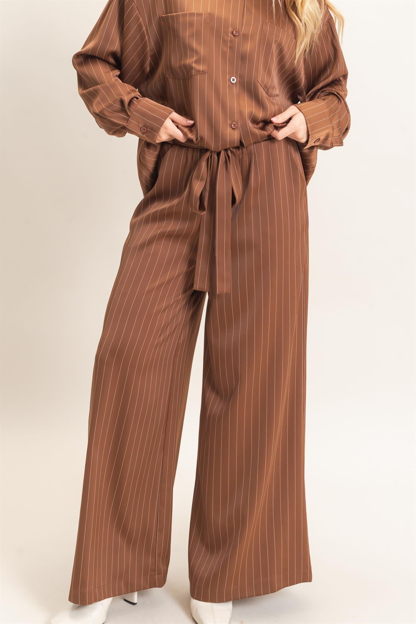 Wholesale Pinstripe Wide-Leg Pants Pants HF25F030 CHOCOLATE HYFVE