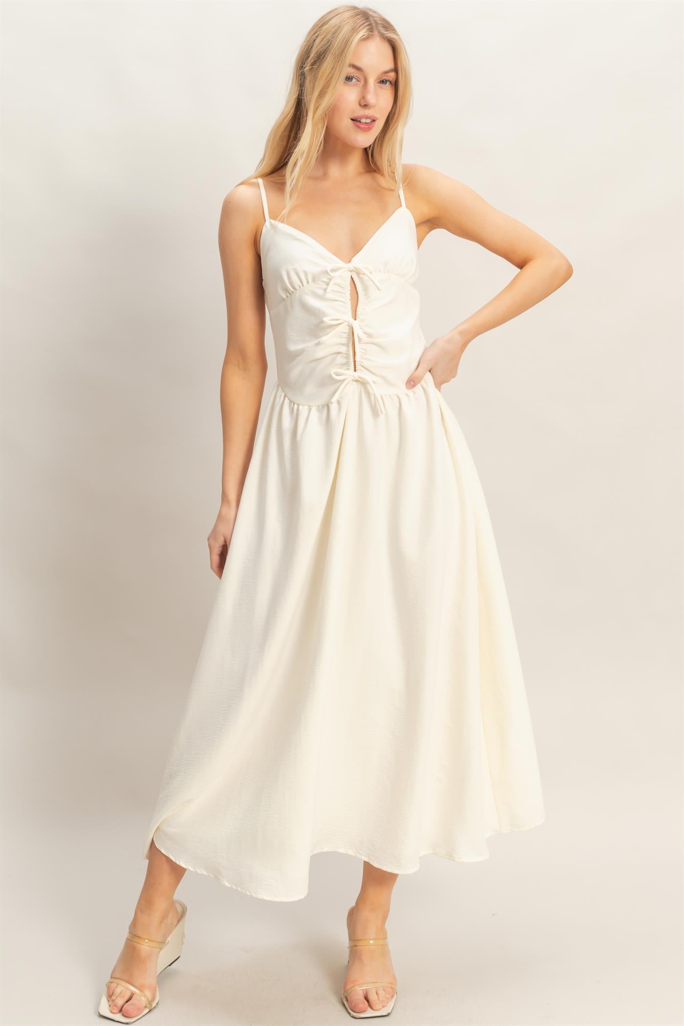 Wholesale Spaghetti Strap Ruched Dress Dresses HF26A011 CREAM HYFVE