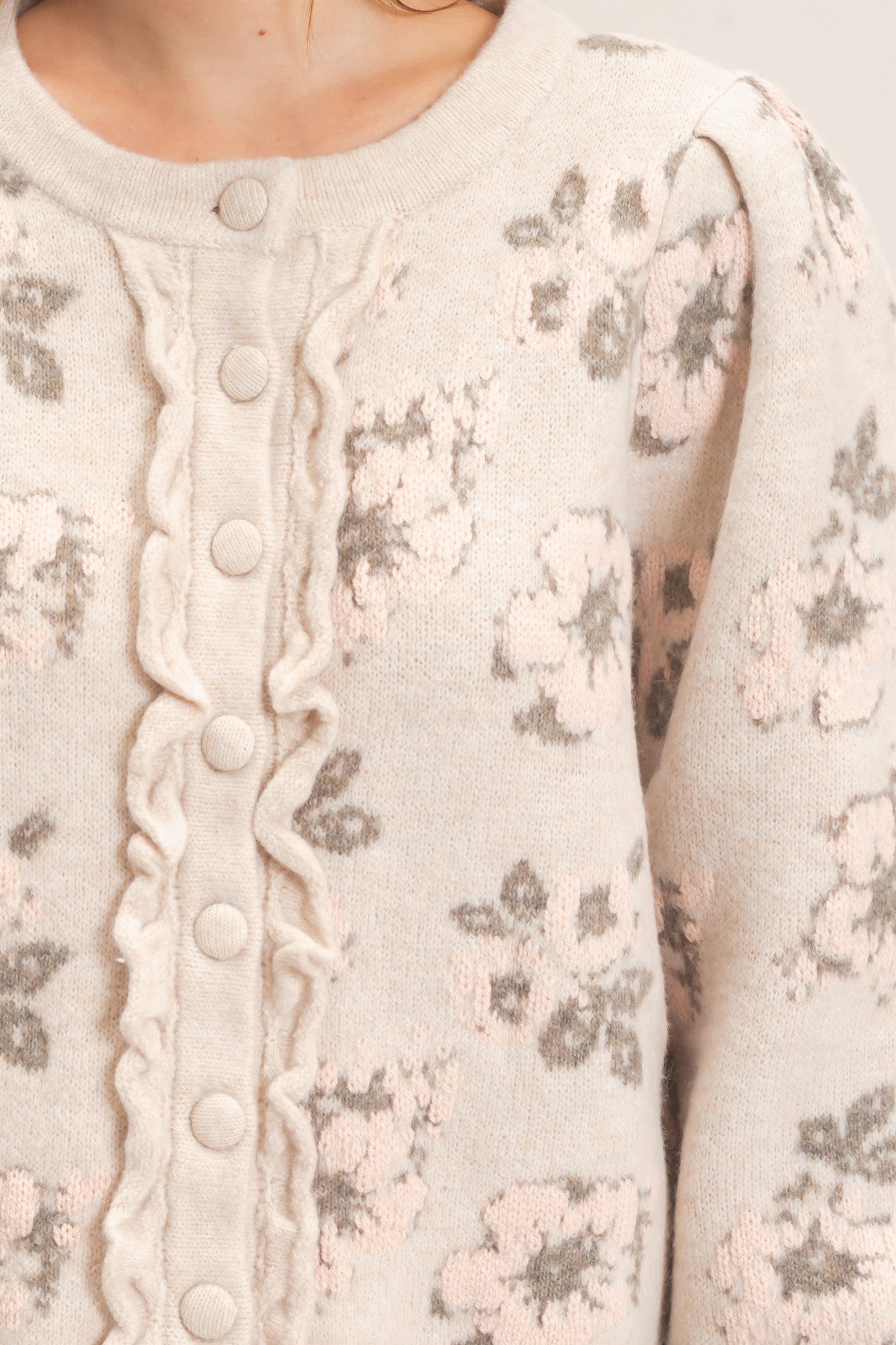 Wholesale Floral Jacquard Ruffle Placket Cardigan Cardigans HF26F148 BEIGE HYFVE