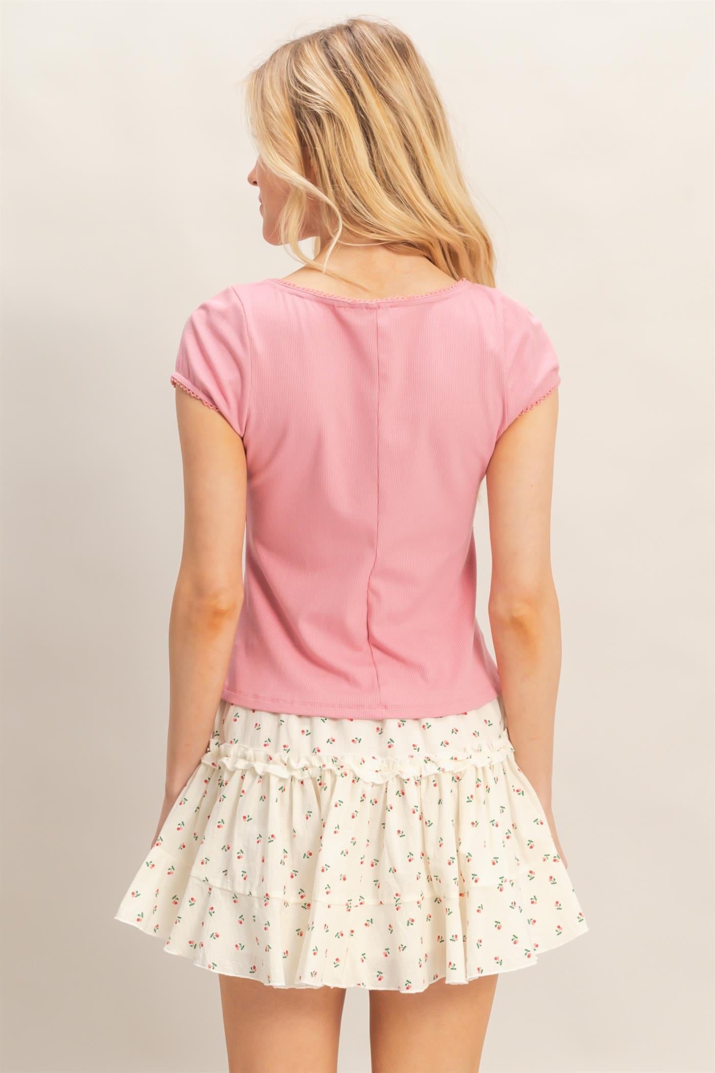 Wholesale Scalloped Button Front Top Clothing Tops HF26C607 ROSE PINK HYFVE