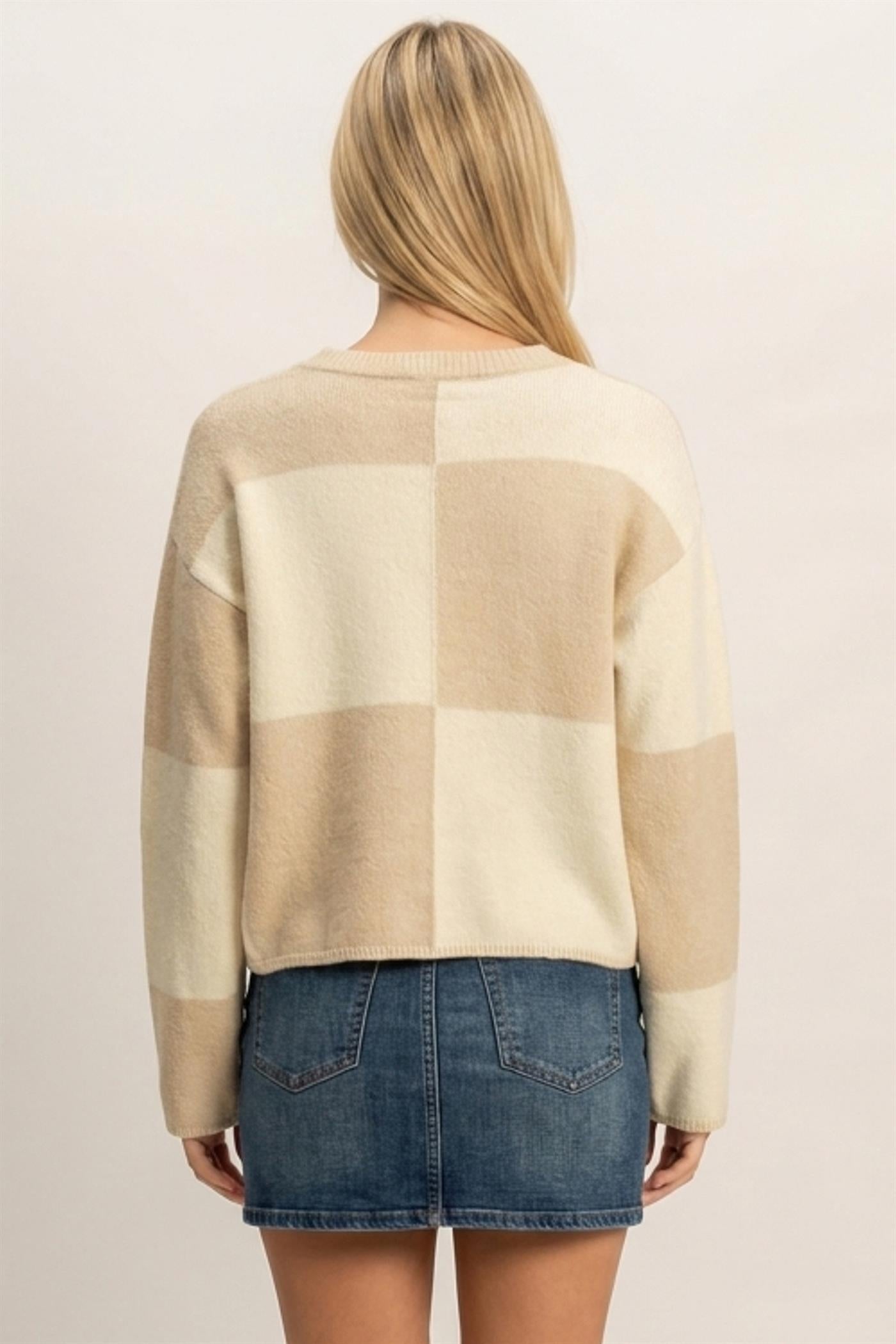 Wholesale Crew Neck Checkered Sweater Sweaters DZ26C980 BEIGE DOUBLE ZERO