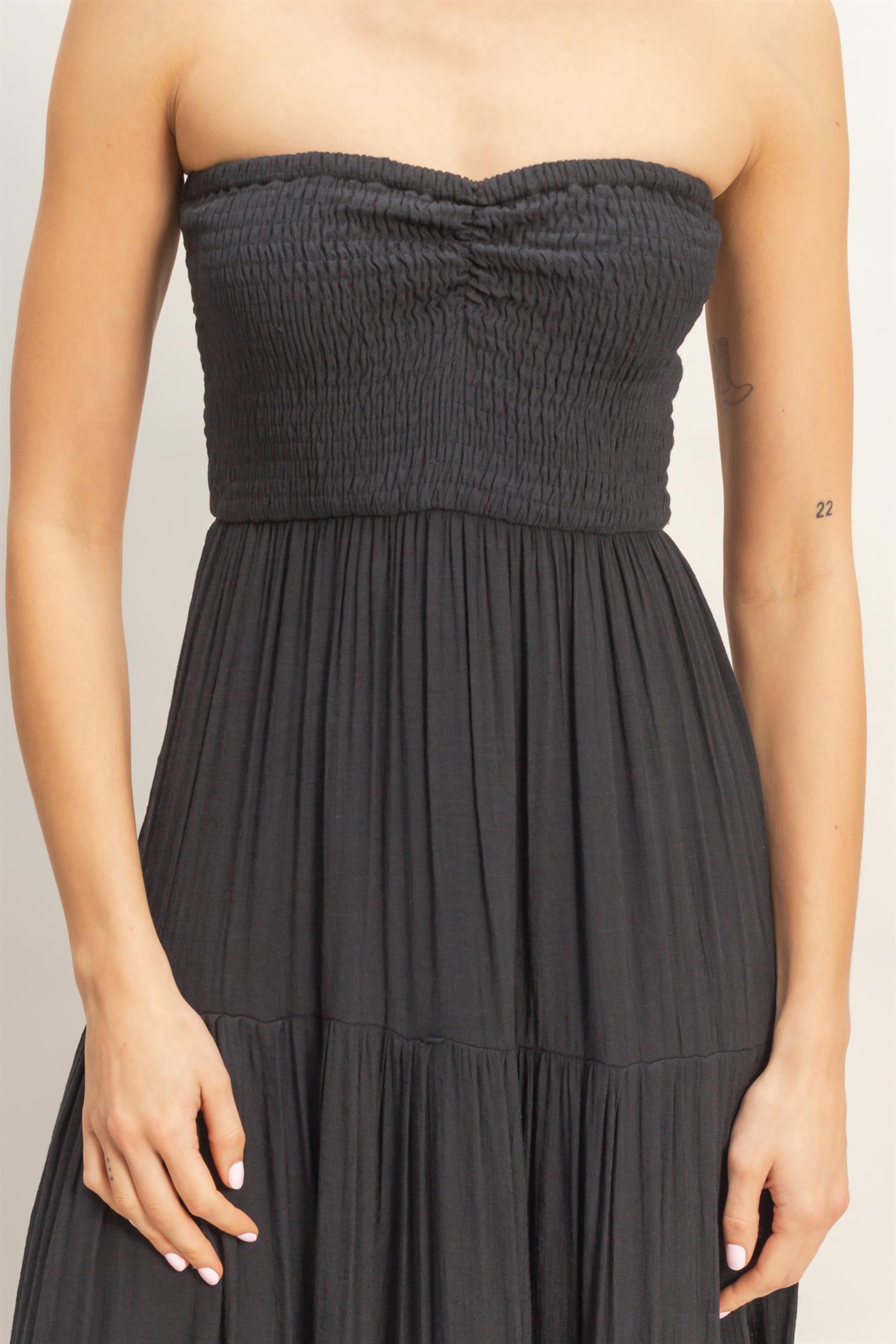 Wholesale Smocked Elastic Neck Maxi Dress Dresses HF26C284-D BLACK HYFVE