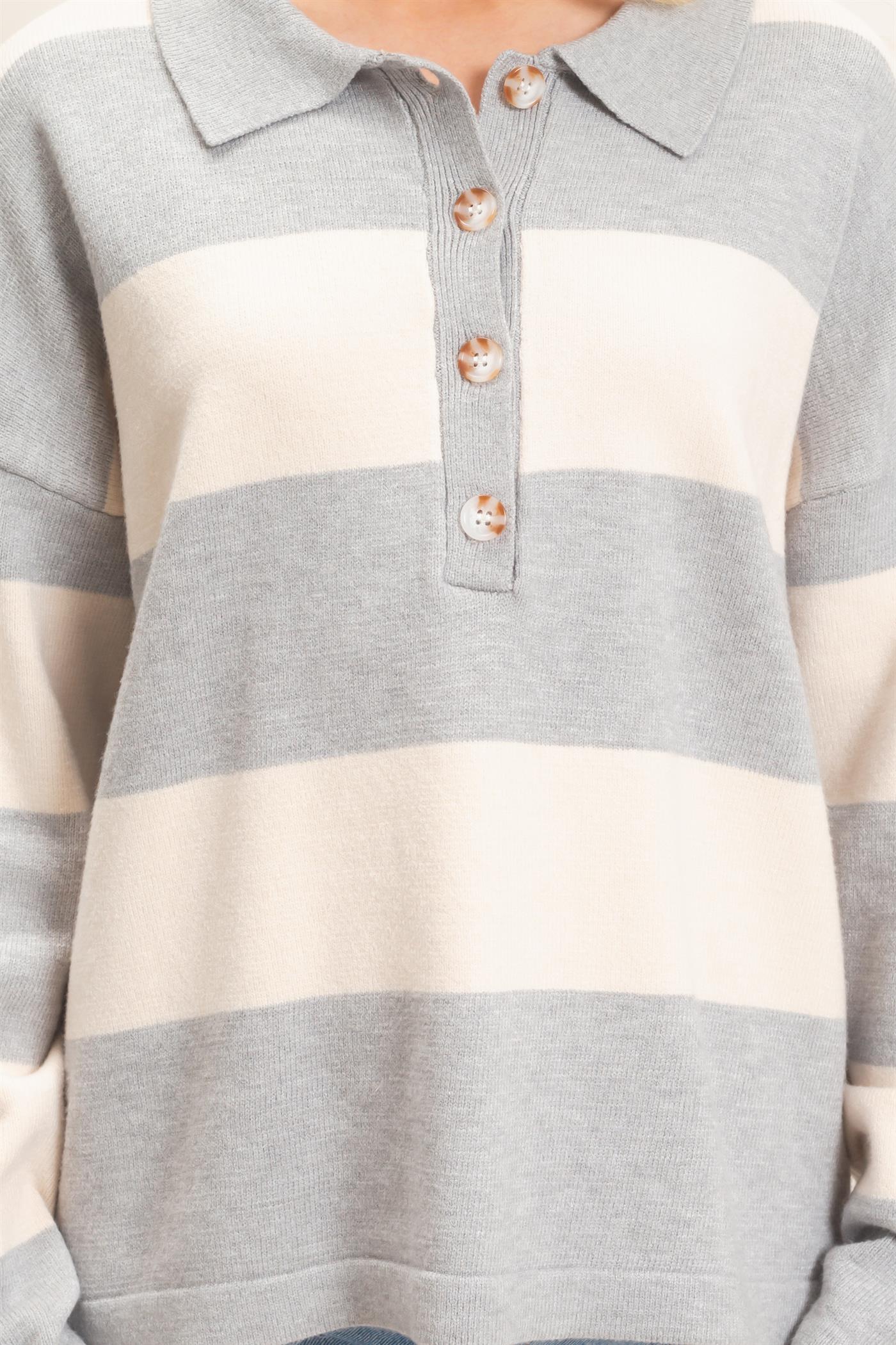 Wholesale Striped Button-Up Sweater Sweaters HF26F198 HEATHER GRAY HYFVE