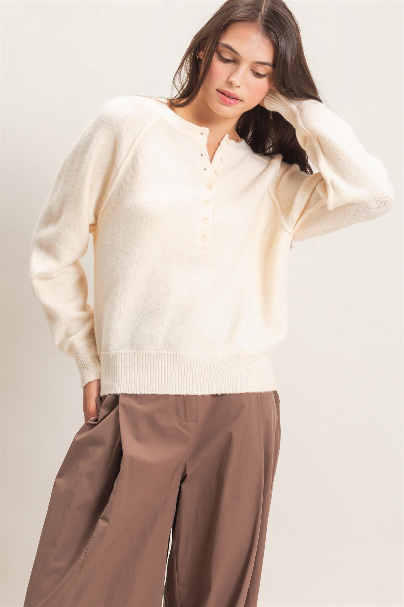 Wholesale Button Front Raglan Sweater Sweaters HF26E152 VANILLA CREAM HYFVE