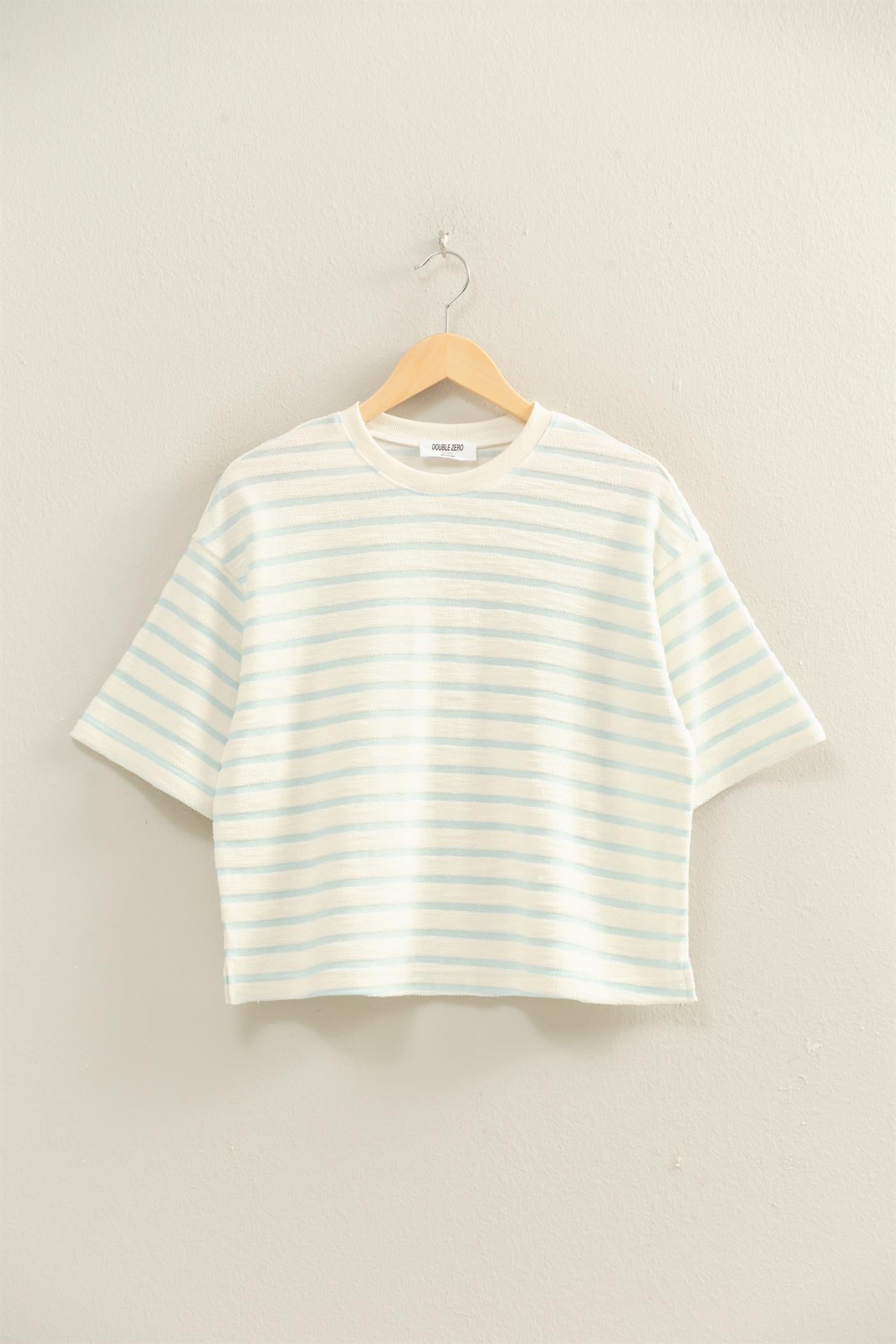 Wholesale Striped Short Sleeve Terry Crew Neck Top Clothing Tops DZ26A887 BABY BLUE DOUBLE ZERO