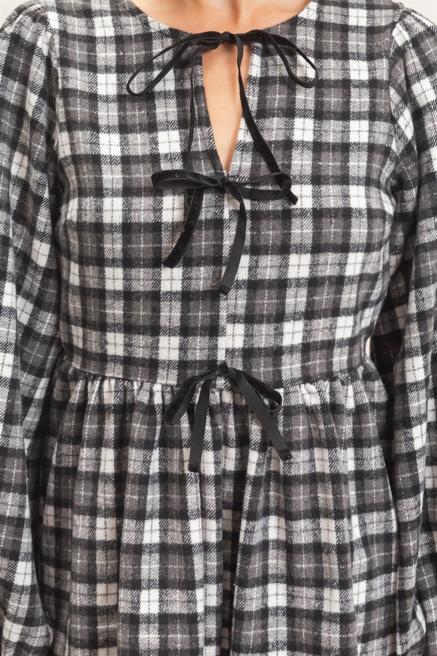 Wholesale Plaid Velvet Ribbon Tie Mini Dress Dresses HF26E965 BLACK HYFVE