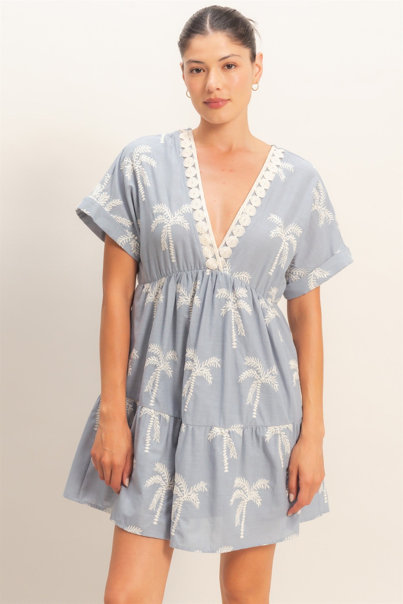 Wholesale Tiered V-Neck Dress Dresses HF26C231 DUSTY BLUE HYFVE