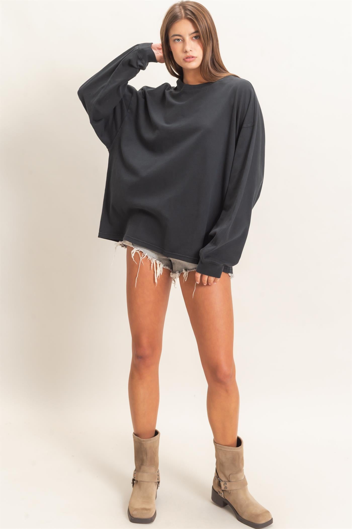 Wholesale Pigment Dye Oversized Long Sleeve Top Clothing Tops DZ26A825 BLACK DOUBLE ZERO
