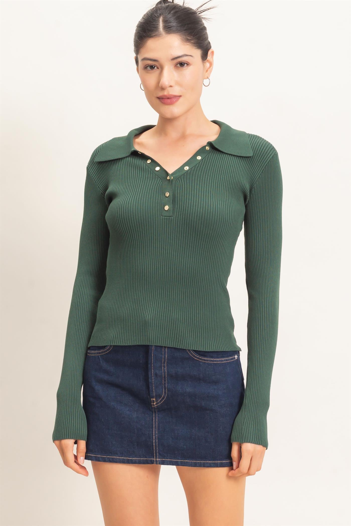 Wholesale Ribbed V-Neck Sweater With Collar Clothing Tops HF26E684 DARK GREEN HYFVE