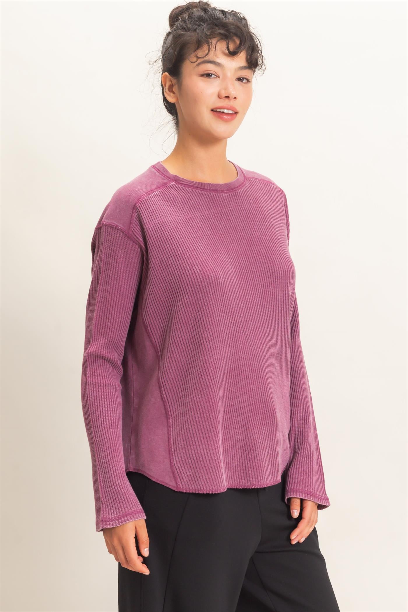 Wholesale Oversized Mineral Washed Waffle Knit Top Clothing Tops DZ26E654 DARK CHERRY DOUBLE ZERO