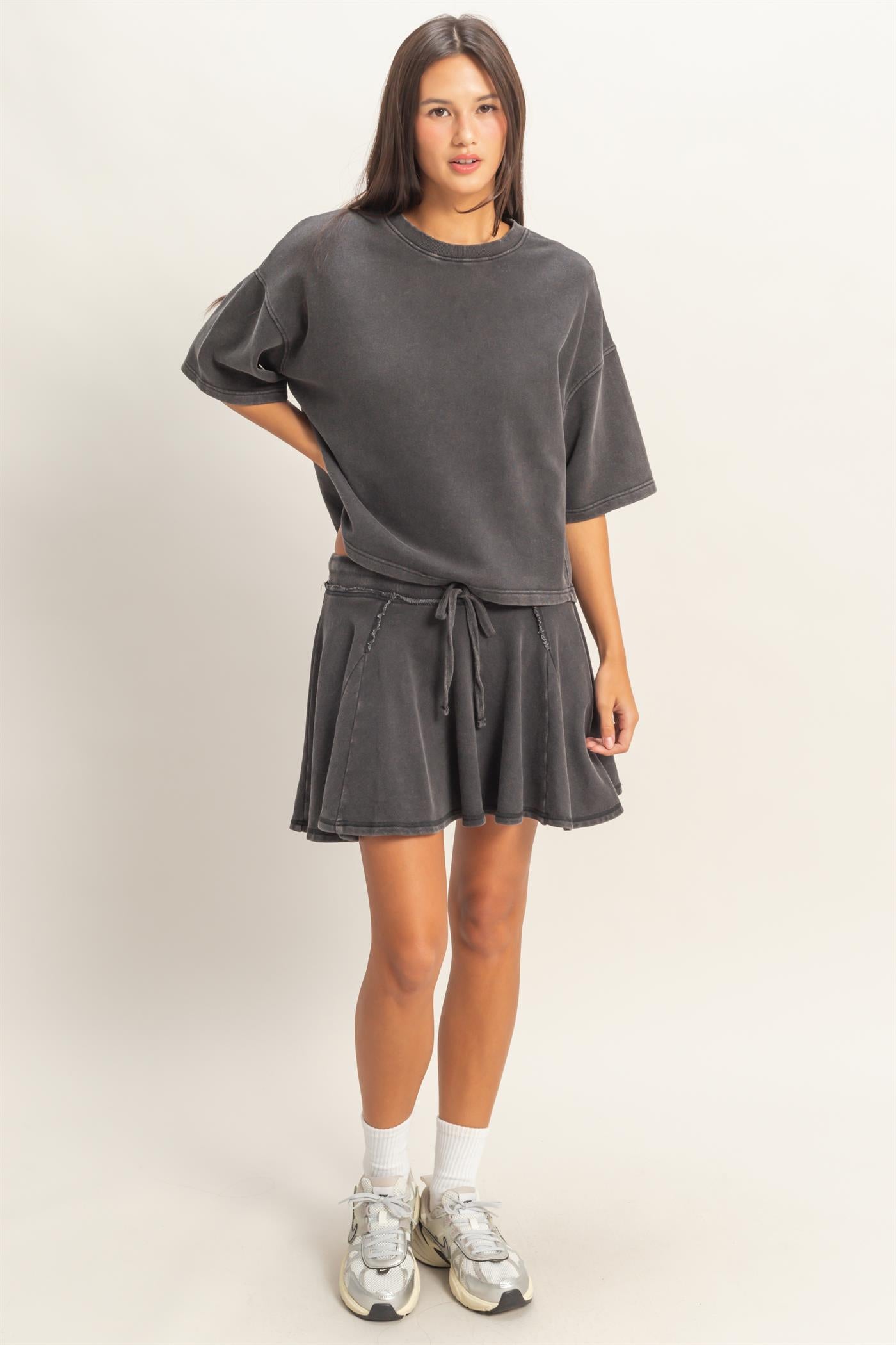 Wholesale Acid Washed Mid Wiast Flowy Skort Skorts DZ26A928 BLACK DOUBLE ZERO