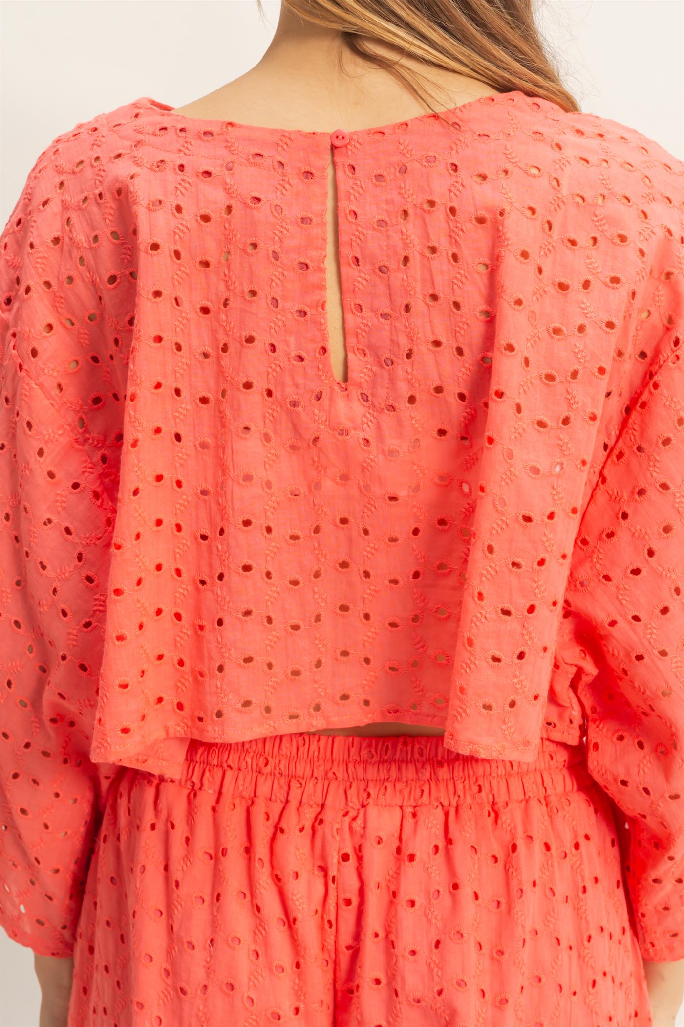 Wholesale Eyelet Long Sleeve Top & Shorts Set Clothing HF26A066-SET ORANGE RED HYFVE