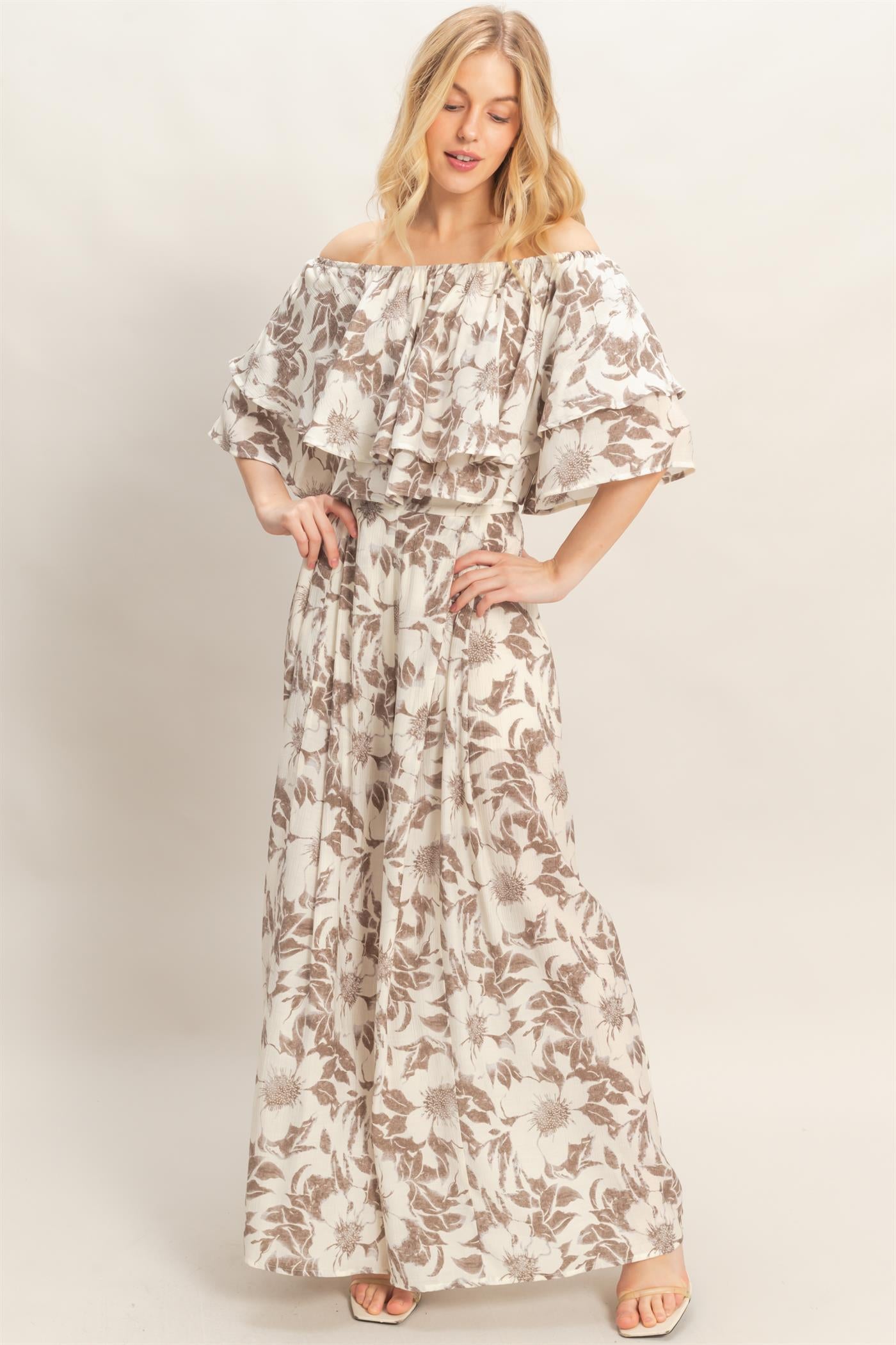 Wholesale Floral Off-Shoulder Top & Pants Set Clothing Tops HF26C832-SET CHARCOAL HYFVE