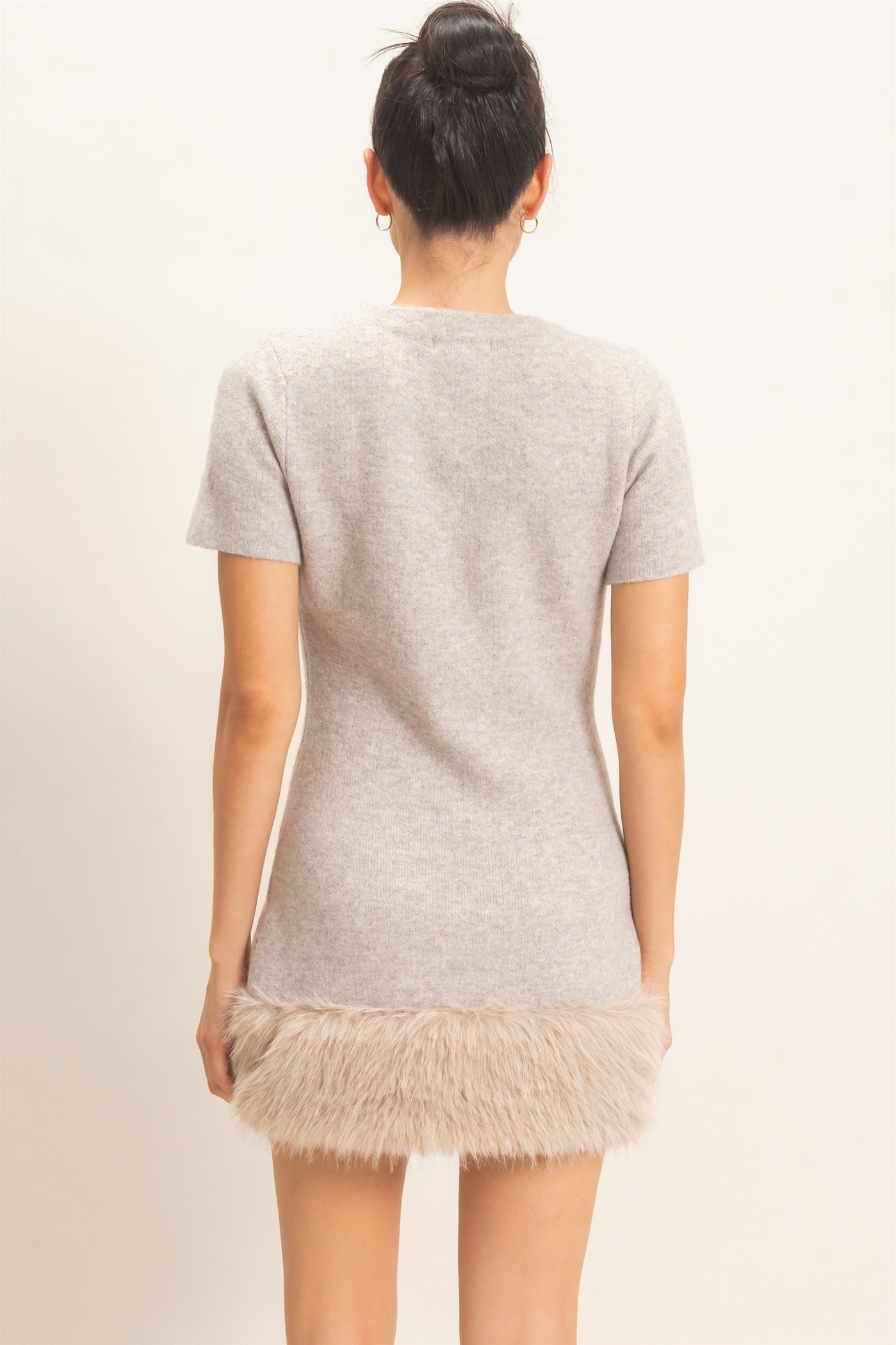 Wholesale Faux Fur Trim Knit Dress Dresses HF26E785-D BEIGE HYFVE