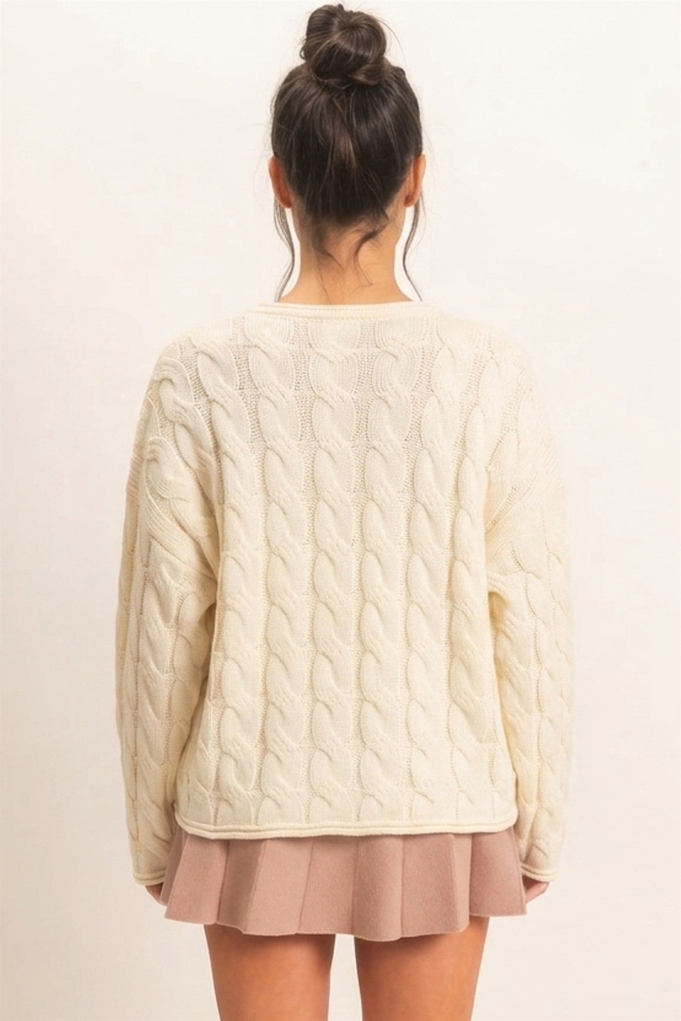 Wholesale Cable Knit V-Neck Sweater Sweaters DZ26E087 CREAM DOUBLE ZERO